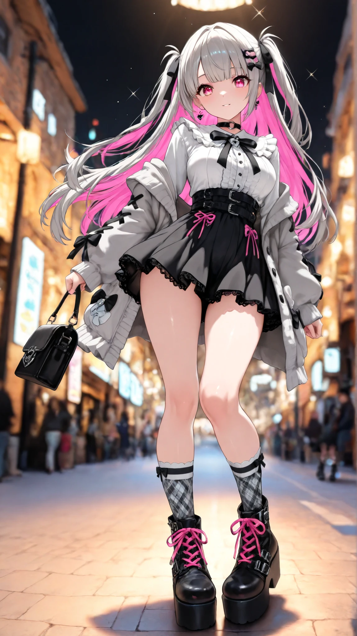 (masterpiece), (high resolution),(8k), (Best quality), ((In the apparel shop Illuminated by multiple lights The pose is natural.)), full shot, (light sparkles), Super detailed backgrounds), (bright skin), (cute eyes), (Complete anatomy:1.2), (anime), (beautiful girl), {solo}, (Medium breasts), {({winter coat})},(With a handbag,AIU), short tie, mini skirt, (plaid high socks), (platform boots),(colorful shoelaces), jirai kei, {{magenta eyes:1.4}}, (detailed eyes), (eyelashes), (shiny hair), (detailed hair accessory),(design hair ribbon), {Grey long hair}, (magenta inner hair:1.1), (two side up hair:1.1), (Pleased), looking at viewer, (uneasy), magenta inner hair, {Grey long hair}, standing position, wrenchftmfshn, 748cmstyle, y_d,