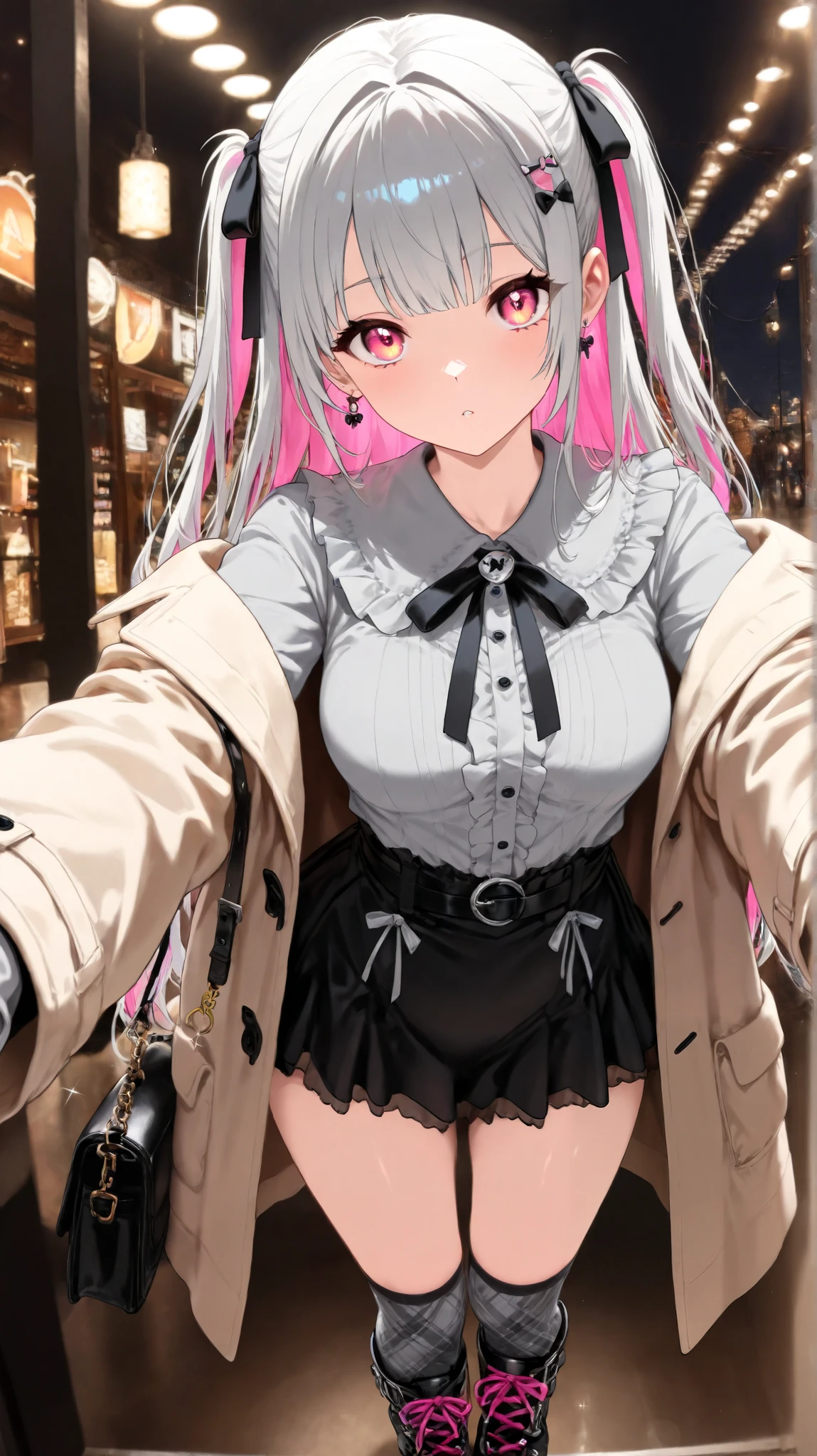 (masterpiece), (high resolution),(8k), (Best quality), ((In the apparel shop Illuminated by multiple lights The pose is natural.)), full shot, (light sparkles), Super detailed backgrounds), (bright skin), (cute eyes), (Complete anatomy:1.2), (anime), (beautiful girl), {solo}, (Medium breasts), {({winter coat})},(With a handbag,AIU), short tie, mini skirt, (plaid high socks), (platform boots),(colorful shoelaces), jirai kei, {{magenta eyes:1.4}}, (detailed eyes), (eyelashes), (shiny hair), (detailed hair accessory),(design hair ribbon), {Grey long hair}, (magenta inner hair:1.1), (two side up hair:1.1), (Pleased), looking at viewer, (uneasy), magenta inner hair, {Grey long hair}, standing position, wrenchftmfshn, 748cmstyle, y_d,