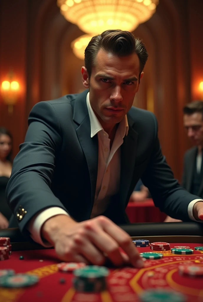 A 30 year old young man with a serious look, slightly malevolent look that shows power, sitting in a dark casino