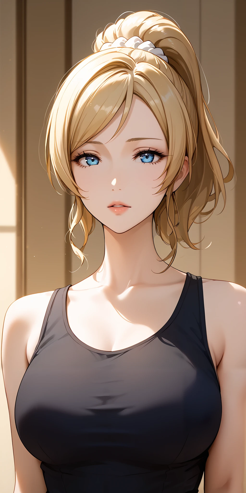 Score_9, Score_8_up, Score_7_up, Source_anime, highres, very aesthetic, masterpiece, high quality, 1girl, mature woman, milf, sophisticated, curvaceous, lovelive_eli, blonde hair, swept bangs, ponytail, white scrunchie, blue eyes, upper body, black tank top, expressionless, parted lips, soft light