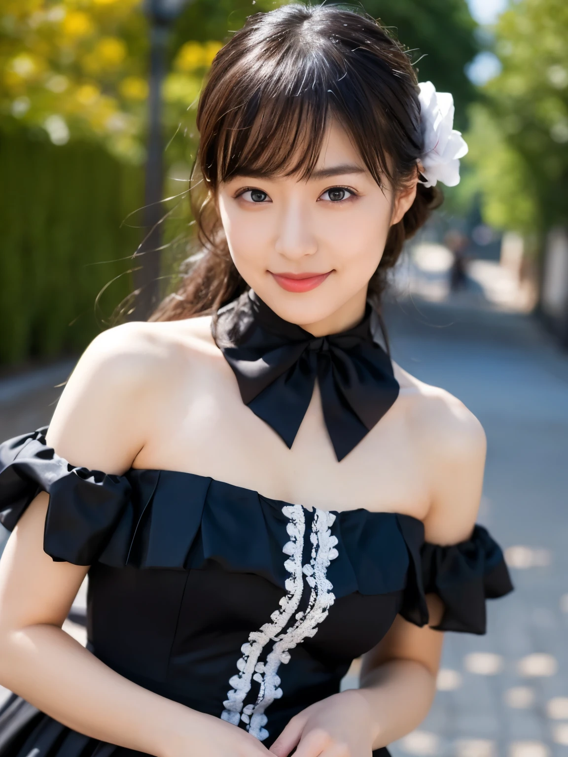 1 Nogizaka Musume、very cute、beautiful girl、19 years old、(gothic fashion)、beautiful face, Exquisite details of eyes and skin、fine black shiny hair、Classy ruffles、frilled tie、ribbon tie、rose hair accessories、(smile at the camera)、(cowboy shot)、(sea of europe)、professional lighting、break、(realistic、Photoreal:1.37)、8K、(masterpiece)、(highest quality:1.4)、(Super high resolution:1.2)、 (Raw photo:1.2)、(delicate lace、soft fabric、beautiful rose pattern dress)、perfect anatomy、4 fingers and 1 thumb、seaside background、(Wallpaper by Unity 8K)