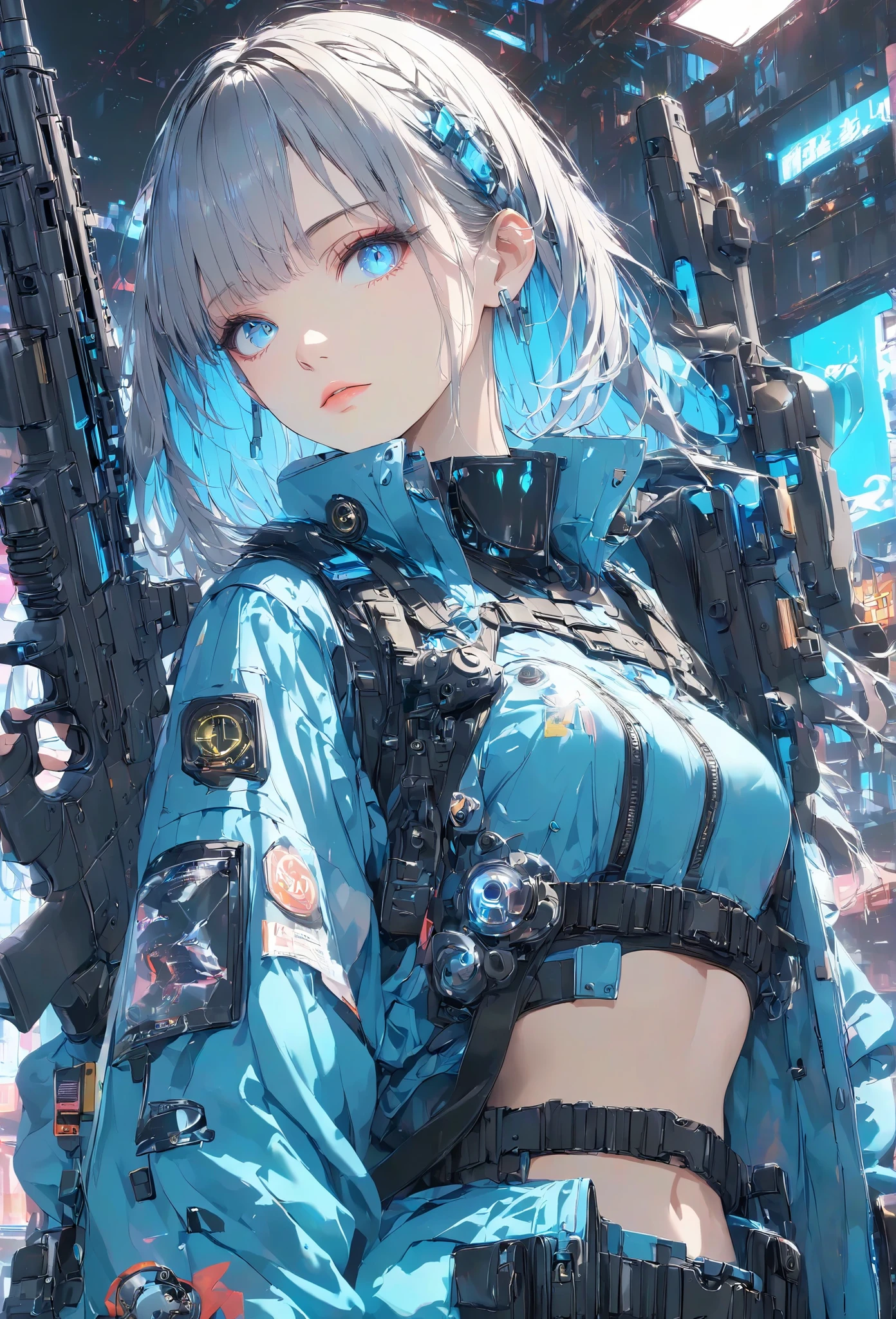 Masterpiece, High Quality, High Definition , High Resolution, 16k, Makoto Shinkai Illustration, Ultra-Detailed, Hyper-Realistic, Digital Painting, Neon Color, Cyberpunk, Science Fiction, One Girl, Small Breasts, Beautiful Face, Long Eyelashes, Fair Skin, Blue Eyes, Slit Eye Short gray hair, Mechanic suit, Body armor, Mechanical hair piece, Head mounted display, Tech wear jacket, Antique firearms, Lever action, Assault rifle, M4 carbine, Holding a weapon, Military harness, Utility belt, Anatomical Accurate handle, muzzle pointed at viewer.