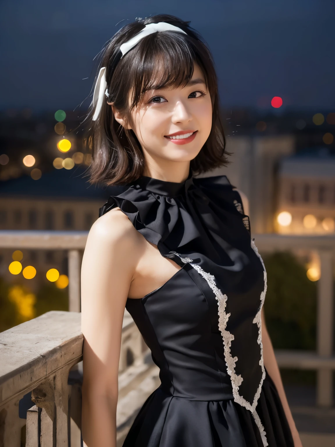 (Realistic, photo-Realistic:1.37), Incredibly absurd, (Very detailed:1.3), 8k, (masterpiece), (highest quality:1.4), (Ultra-high resolution:1.2), (RAW Photos:1.2), Very detailed background, (unity 8k wallpaper), 1 nogizaka girl, very cute, bishojo, s, (Gothic ta Fashion), Exquisitely drawn beautiful faces, eyes and skin, Detailed black shiny hair, Elegant frills, Frilled tie, Ribbon tie, Rose Hair Accessories, Delicate lace dress, Soft fabric, Beautiful rose pattern, Smiling for the camera, Cowboy Shot, European castle landscape, Professional Lighting,