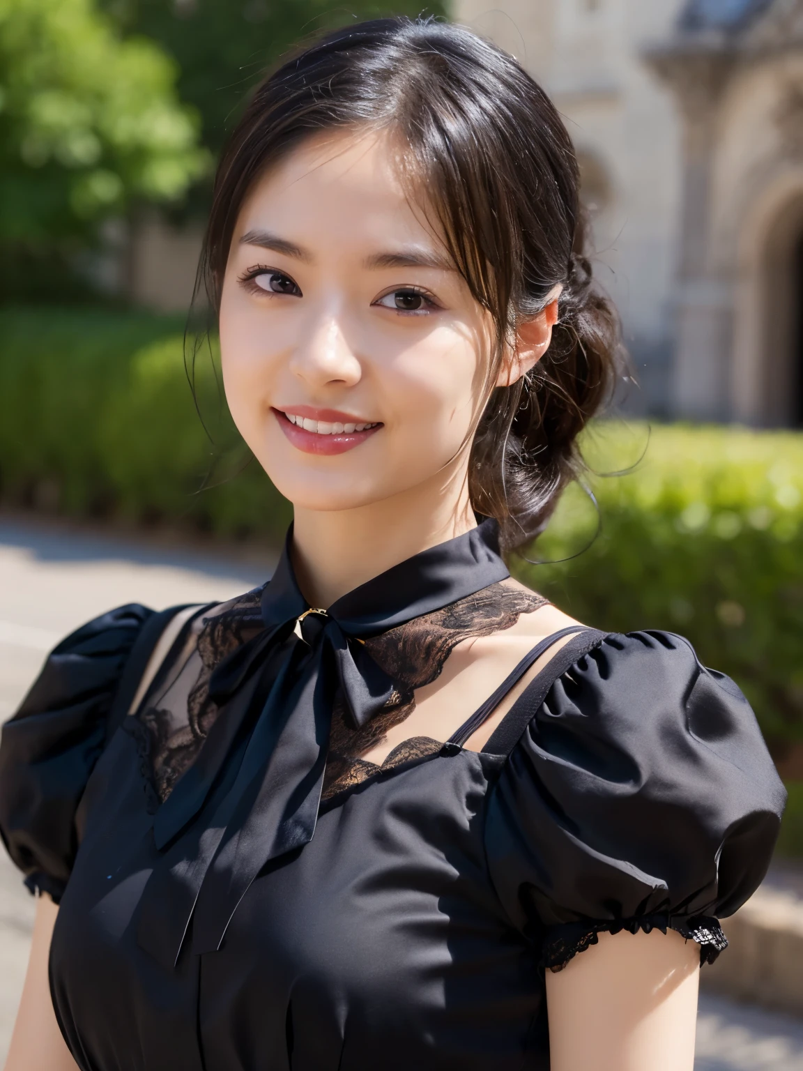 (Realistic, photo-Realistic:1.37), Incredibly absurd, (Very detailed:1.3), 8k, (masterpiece), (highest quality:1.4), (Ultra-high resolution:1.2), (RAW Photos:1.2), Very detailed background, (unity 8k wallpaper), 1 nogizaka girl, very cute, bishojo, s, (Gothic ta Fashion), Exquisitely drawn beautiful faces, eyes and skin, Detailed black shiny hair, Elegant frills, Frilled tie, Ribbon tie, Rose Hair Accessories, Delicate lace dress, Soft fabric, Beautiful rose pattern, Smiling for the camera, Cowboy Shot, European castle landscape, Professional Lighting,