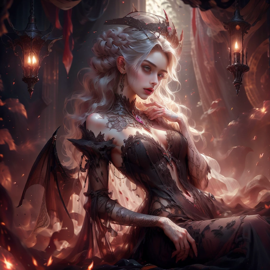 A sexy vampire wearing a wedding dress, stained with blood, staring at the viewer, full body, flowing blonde hair, menacing gaze and fangs, gleaming vampire wings, blood staining her pale face, large, sharp nails ready to pounce, in a dark abandoned church with a few candles lighting up, with intensely mesmerizing red eyes
