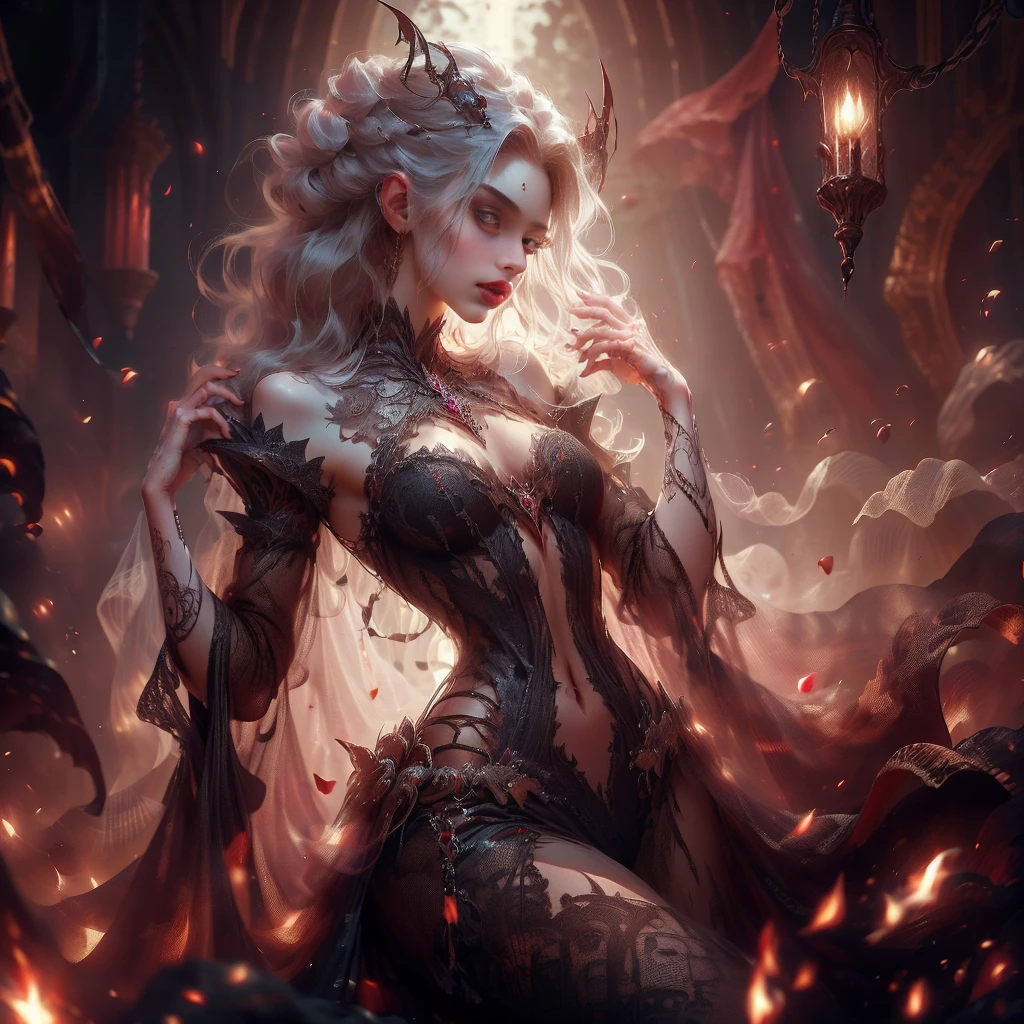 fantasy art, gothic art, (masterpiece:1.5), full body best details, highly detailed, best quality, Glowing Purple, highres, full body portrait of a vampire, elf (Masterpiece, best quality: 1.6), ultra feminine, wizard, (intricate details, Masterpiece, best quality: 1.5) with a long curvy hair, light color hair, blue eyes, (fantasy art, Masterpiece, best quality), ((beautiful delicate face)), Ultra Detailed Face (intricate details, fantasy art, Masterpiece, best quality: 1.5), [[vampiric fangs 1.5]] (red cloak: 1.3) , flowing cloak (intricate details, fantasy art, Masterpiece, best quality: 1.3), wearing an intricate black dress (intricate details, fantasy art, Masterpiece, best quality: 1.5), high heeled boots, urban background (intense details, beat details), fantasy, at night light, natural ,moon light, clouds, gothic atmosphere, soft light, dynamic light, [[anatomically correct]], high details, best quality, 8k, [ultra detailed], masterpiece, best quality, (extremely detailed), dynamic angle