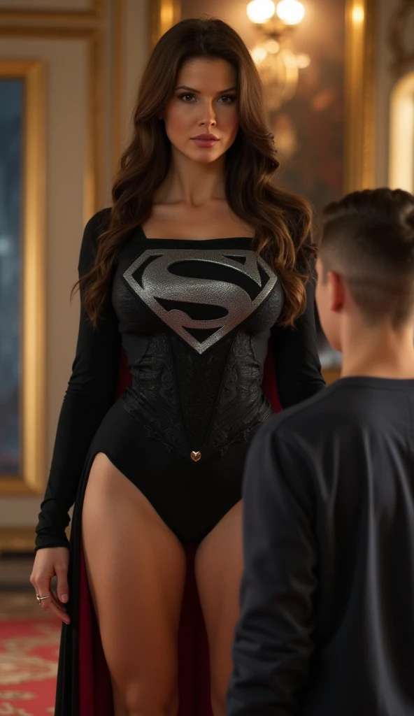 little boy defeats bbw superheroine by hitting her in the crotch, bbw superheroine defeated, bbw superheroine surprised, a little boy is behind the bbw superheroine, (in the scene a bbw superheroine and behind ulittle boy),