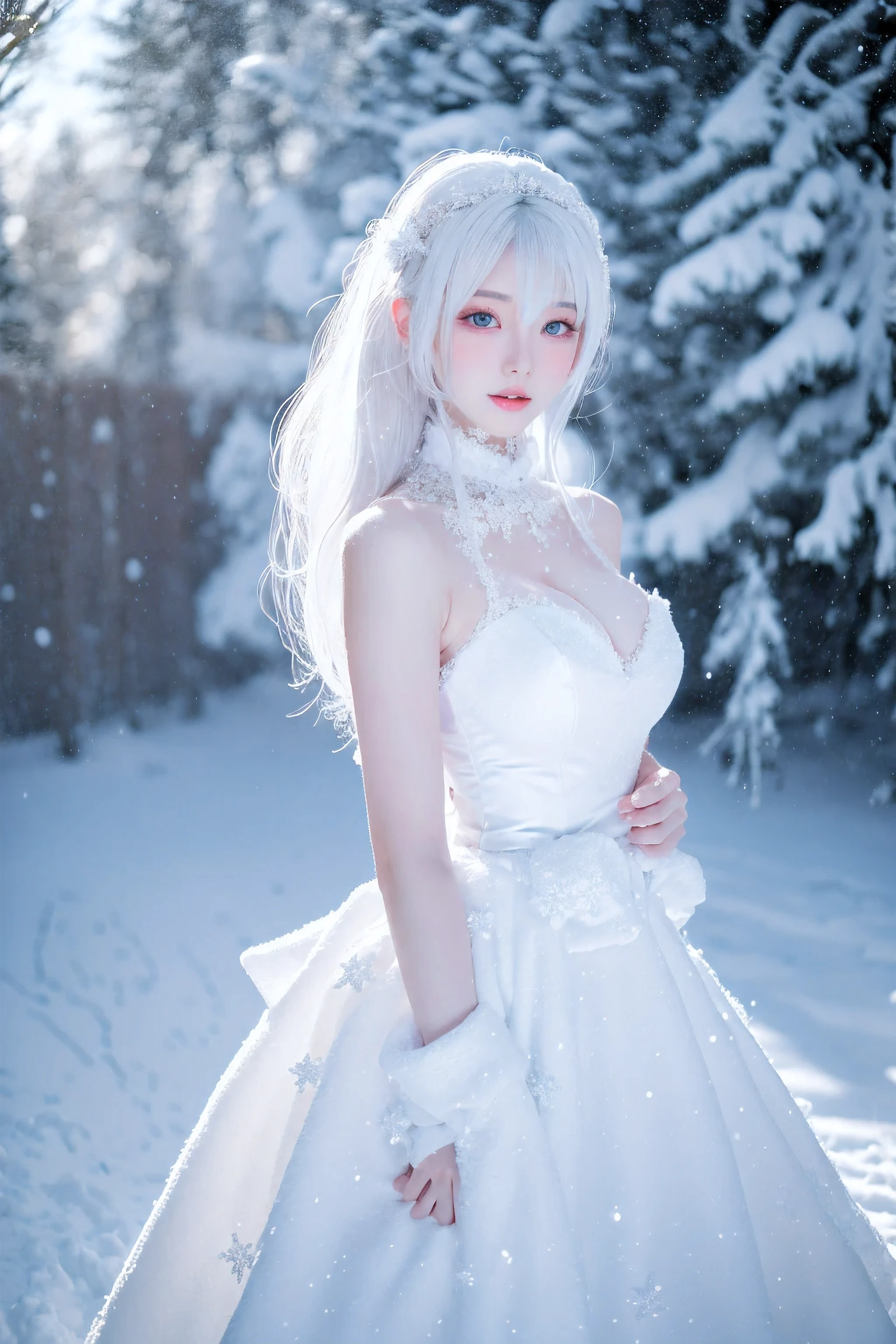 snowing mountain、dance wirh wolf head man、 ((highest quality、masterpiece、8k、best image quality、ultra high resolution、Award-winning work)、(accurate anatomy:1.1)、(look at me and smile:1.1)、Shining fair skin with ultra high resolution、most detailed face、ultra high resolution detailed face、white short hair flowing 、Beautiful face drawn in every detail、(blurred background:1.1)、 Inuit fur clothing, tiny breast, 