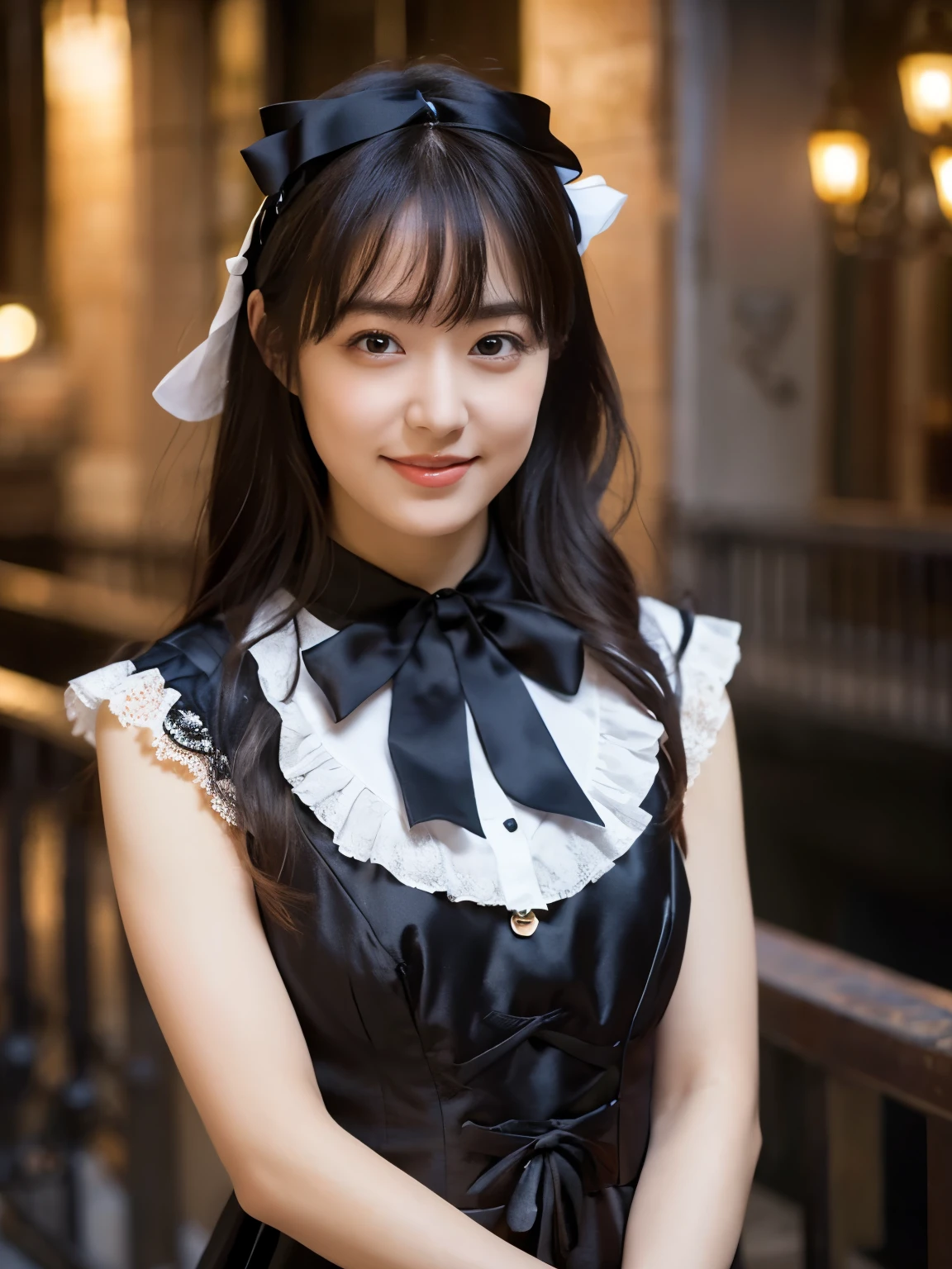 (Realistic, photo-Realistic:1.37), Incredibly absurd, (Very detailed:1.3), 8k, (masterpiece), (highest quality:1.4), (Ultra-high resolution:1.2), (RAW Photos:1.2), Very detailed background, (unity 8k wallpaper), 1 nogizaka girl, very cute, bishojo, s, (Gothic ta Fashion), Exquisitely drawn beautiful faces, eyes and skin, Detailed black shiny hair, Elegant frills, Frilled tie, Ribbon tie, Rose Hair Accessories, Delicate lace dress, Soft fabric, Beautiful rose pattern, Smiling for the camera, Cowboy Shot, European castle landscape, Professional Lighting,