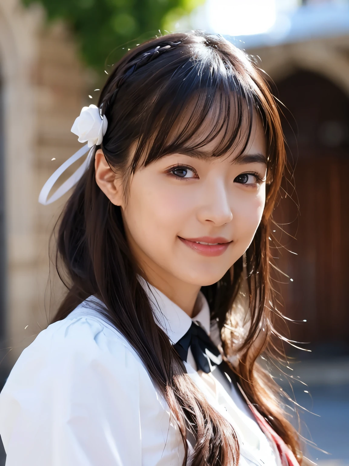 (Realistic, photo-Realistic:1.37), Incredibly absurd, (Very detailed:1.3), 8k, (masterpiece), (highest quality:1.4), (Ultra-high resolution:1.2), (RAW Photos:1.2), Very detailed background, (unity 8k wallpaper), 1 nogizaka girl, very cute, bishojo, s, (Gothic ta Fashion), Exquisitely drawn beautiful faces, eyes and skin, Detailed black shiny hair, Elegant frills, Frilled tie, Ribbon tie, Rose Hair Accessories, Delicate lace dress, Soft fabric, Beautiful rose pattern, Smiling for the camera, Cowboy Shot, European castle landscape, Professional Lighting,