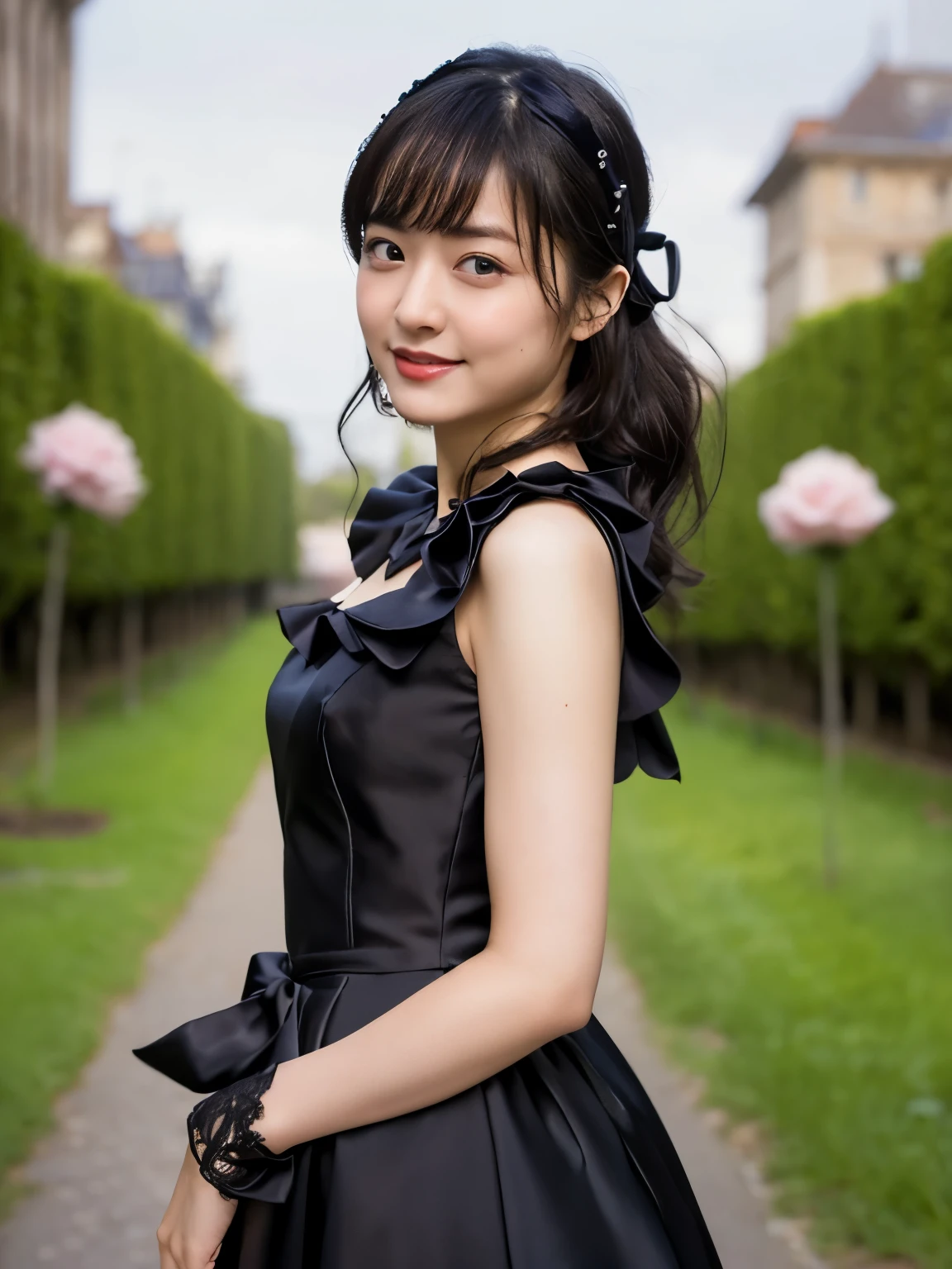 (Realistic, photo-Realistic:1.37), Incredibly absurd, (Very detailed:1.3), 8k, (masterpiece), (highest quality:1.4), (Ultra-high resolution:1.2), (RAW Photos:1.2), Very detailed background, (unity 8k wallpaper), 1 nogizaka girl, very cute, bishojo, s, (Gothic ta Fashion), Exquisitely drawn beautiful faces, eyes and skin, Detailed black shiny hair, Elegant frills, Frilled tie, Ribbon tie, Rose Hair Accessories, Delicate lace dress, Soft fabric, Beautiful rose pattern, Smiling for the camera, Cowboy Shot, European castle landscape, Professional Lighting,