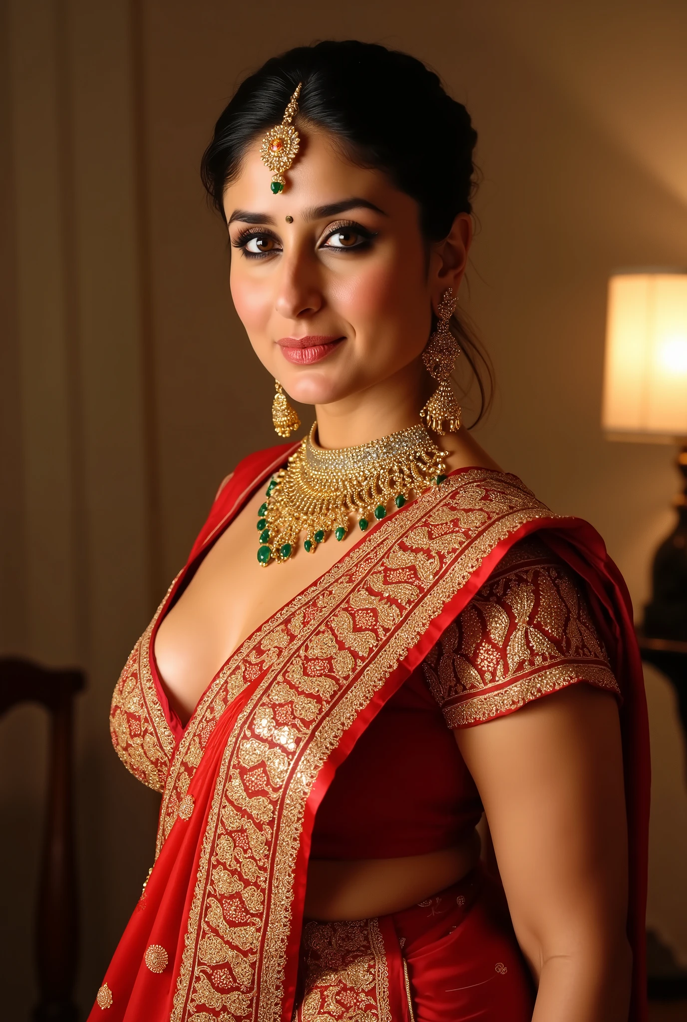 kareena kapoor in traditional indian bride attire, hindu woman, indian saree,(((topless, no blouse))) massive boobs, indian gold jewelry, boobs hanging out, boob show