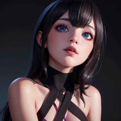 Sexy female, emo girl, wearing emo makeup, black hair, emo , sexy face, hair down, looking straight at camera, buetifull face, emo makeup, perfect shaped body, wide waist, thick thighs, close up of face, close up of face,