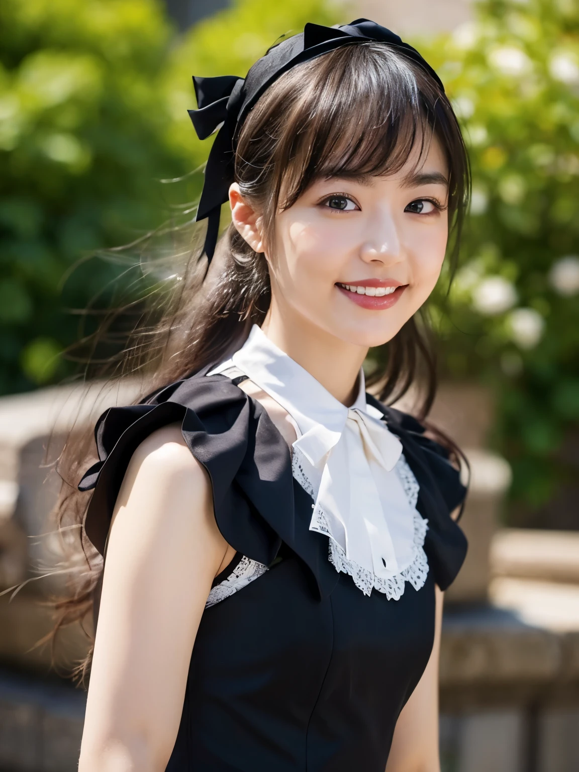 (Realistic, photo-Realistic:1.37), Incredibly absurd, (Very detailed:1.3), 8k, (masterpiece), (highest quality:1.4), (Ultra-high resolution:1.2), (RAW Photos:1.2), Very detailed background, (unity 8k wallpaper), 1 nogizaka girl, very cute, bishojo, s, (Gothic ta Fashion), Exquisitely drawn beautiful faces, eyes and skin, Detailed black shiny hair, Elegant frills, Frilled tie, Ribbon tie, Rose Hair Accessories, Delicate lace dress, Soft fabric, Beautiful rose pattern, Smiling for the camera, Cowboy Shot, European castle landscape, Professional Lighting,