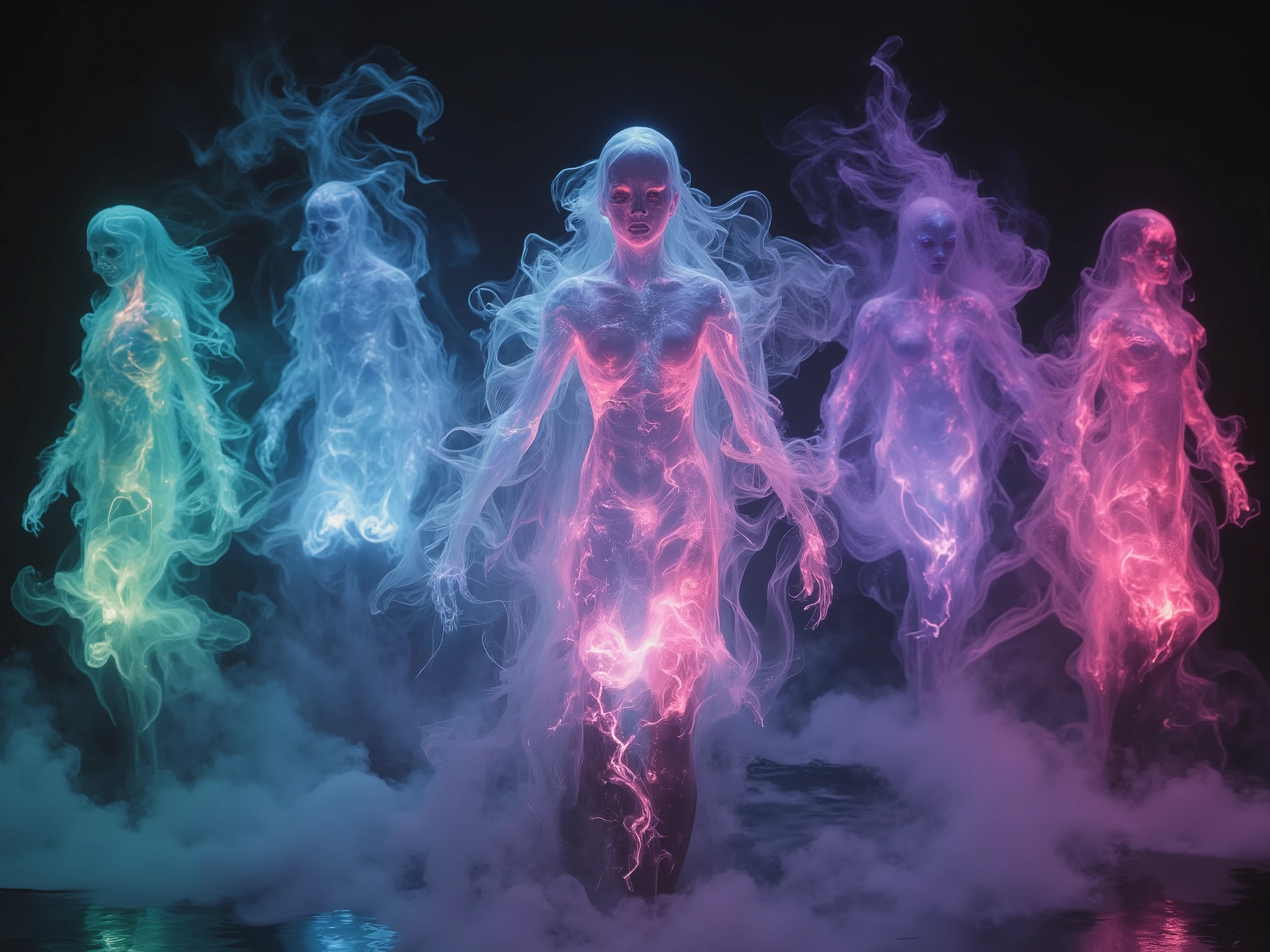 ghostly apparitions materializing as mysterious smoke creatures, their colored bodies radiating a soft neon glow in hues of teal, pink, and violet, strange and otherworldly forms blending seamlessly into their ethereal shapes. Simple, dark, gradient background with soft textures enhancing the minimalist aesthetic. Cinematic lighting highlights the eerie yet beautiful translucence, with high contrast to emphasize the surreal forms. Hyper-realistic photography captured in portrait orientation, using a Canon EOS R5, 85mm f/1.2 lens, with a shallow depth of field (f/1.2), creating a dreamlike bokeh effect. Aesthetic minimalism meets haunting mystique.