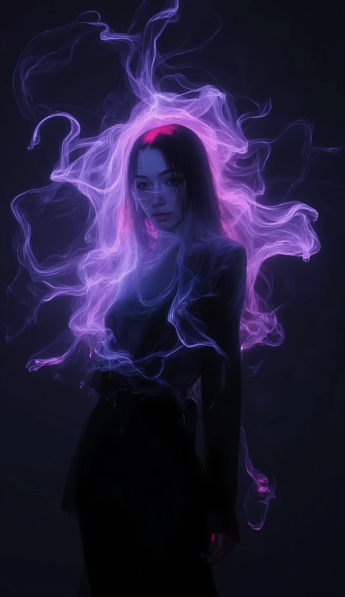 High contrast portrait, minimalist concept, aesthetic, midel random, ghost girl, smoke humanoid ghost, mysterious creature, bright neon colored. Simple background, soft textures, cinematic light, dynamic, hyper realistic photography