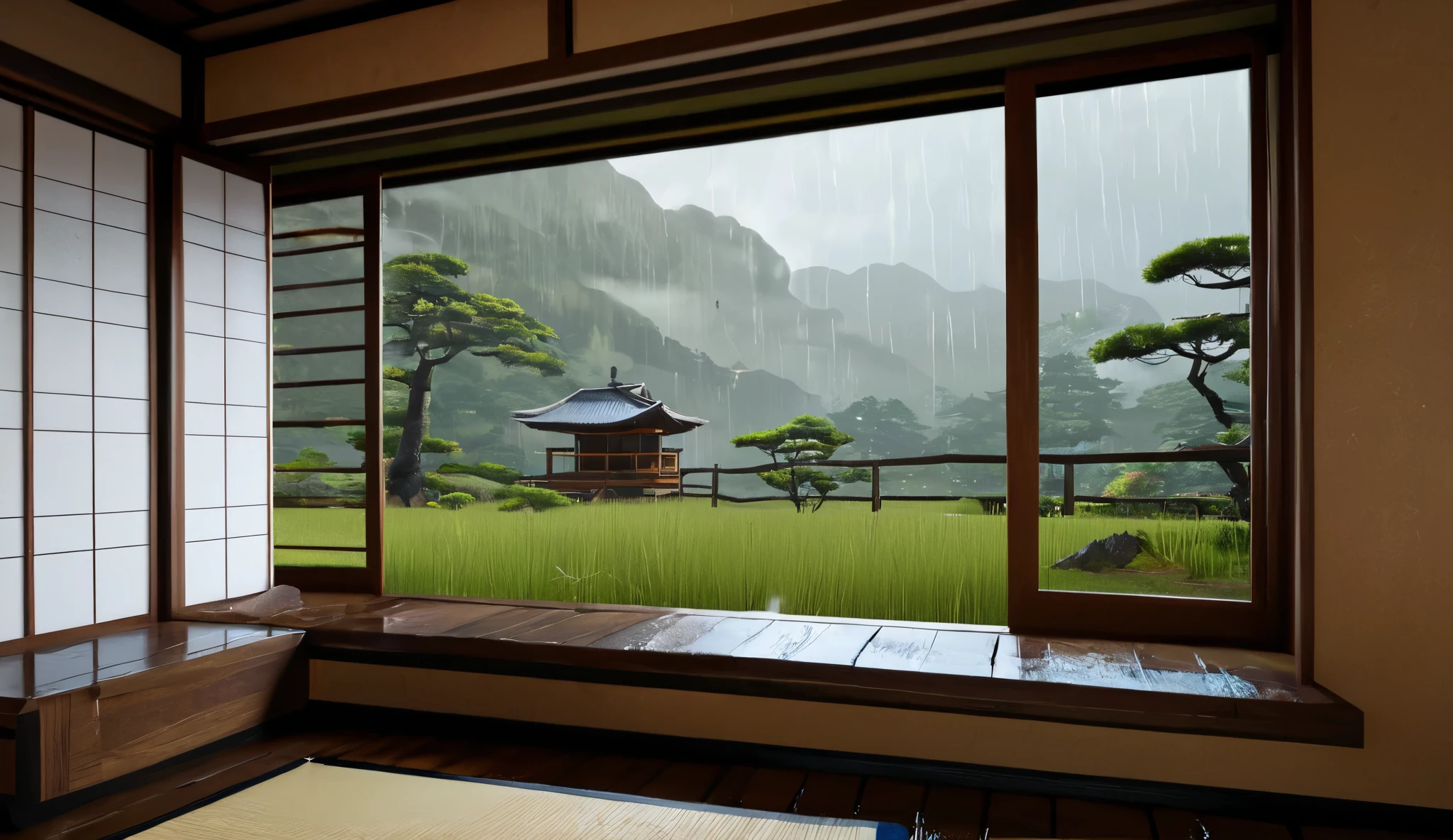 there is a bedroom with a large window and a view of the rain, akihiko yoshida. unreal engine, lush japanese landscape, japanese vfx, quiet and serene atmosphere, rainy day. game render, hyperrealistic landscape, inspired by Shūbun Tenshō, hyper-realistic environment, matte painting unreal engine, ultrarealistic matte painting