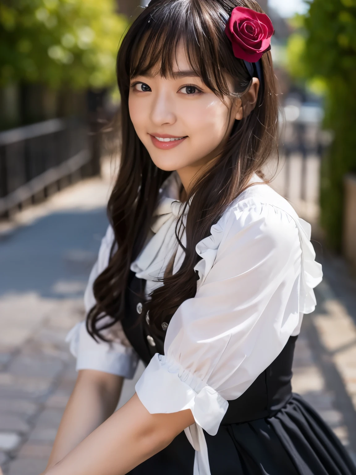 (Realistic, photo-Realistic:1.37), Incredibly absurd, (Very detailed:1.3), 8k, (masterpiece), (highest quality:1.4), (Ultra-high resolution:1.2), (RAW Photos:1.2), Very detailed background, (unity 8k wallpaper), 1 nogizaka girl, very cute, bishojo, s, (Gothic ta Fashion), Exquisitely drawn beautiful faces, eyes and skin, Detailed black shiny hair, Elegant frills, Frilled tie, Ribbon tie, Rose Hair Accessories, Delicate lace dress, Soft fabric, Beautiful rose pattern, Smiling for the camera, Cowboy Shot, European castle landscape, Professional Lighting,