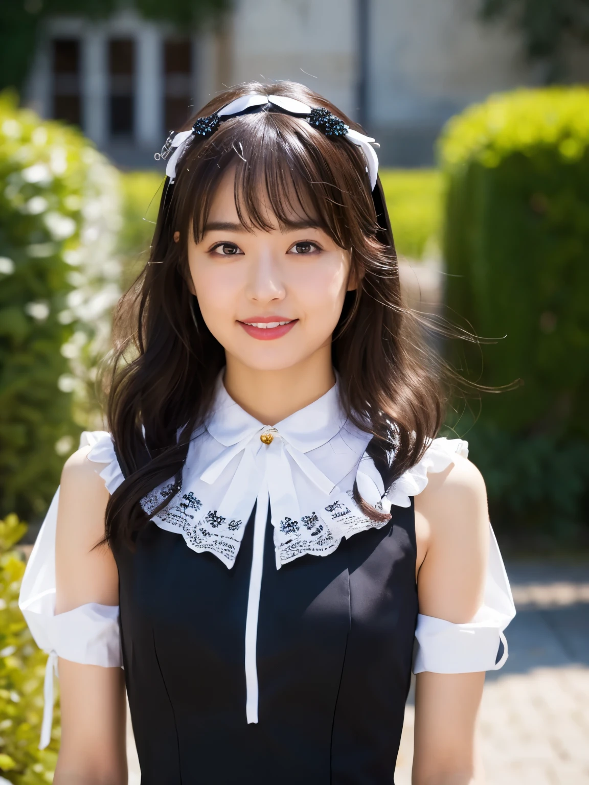 (Realistic, photo-Realistic:1.37), Incredibly absurd, (Very detailed:1.3), 8k, (masterpiece), (highest quality:1.4), (Ultra-high resolution:1.2), (RAW Photos:1.2), Very detailed background, (unity 8k wallpaper), 1 nogizaka girl, very cute, bishojo, s, (Gothic ta Fashion), Exquisitely drawn beautiful faces, eyes and skin, Detailed black shiny hair, Elegant frills, Frilled tie, Ribbon tie, Rose Hair Accessories, Delicate lace dress, Soft fabric, Beautiful rose pattern, Smiling for the camera, Cowboy Shot, European castle landscape, Professional Lighting,