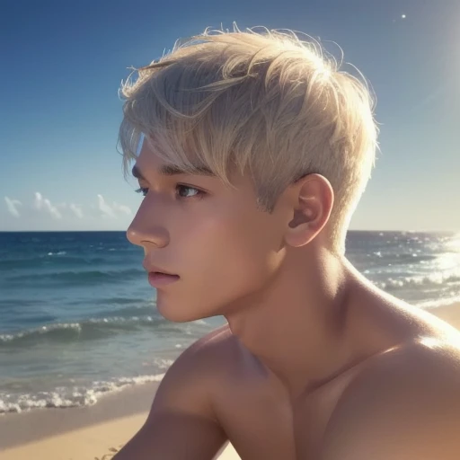 Shirtless muscular man with white hair and water-colored eyes, lifted arms, wearing thong