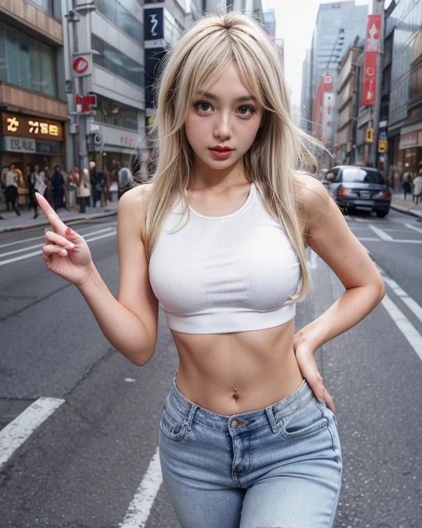 ​masterpiece、8K、32K、top-quality、(A detailed eye)、 (Japanese famous actress:1.2), (gyaru:1.25),(ponytail), (brown race, dark skin, blond hair:1.55), elegent、(Detailed background depiction)、Tank Top, BREAK (cargo shorts:1.3)、Japan alley、is standing、Sunlight、during daytime、(smile)、(cowboy  shot),(braless:1.3),(slender body:1.2),cleavage,(shirtlift),