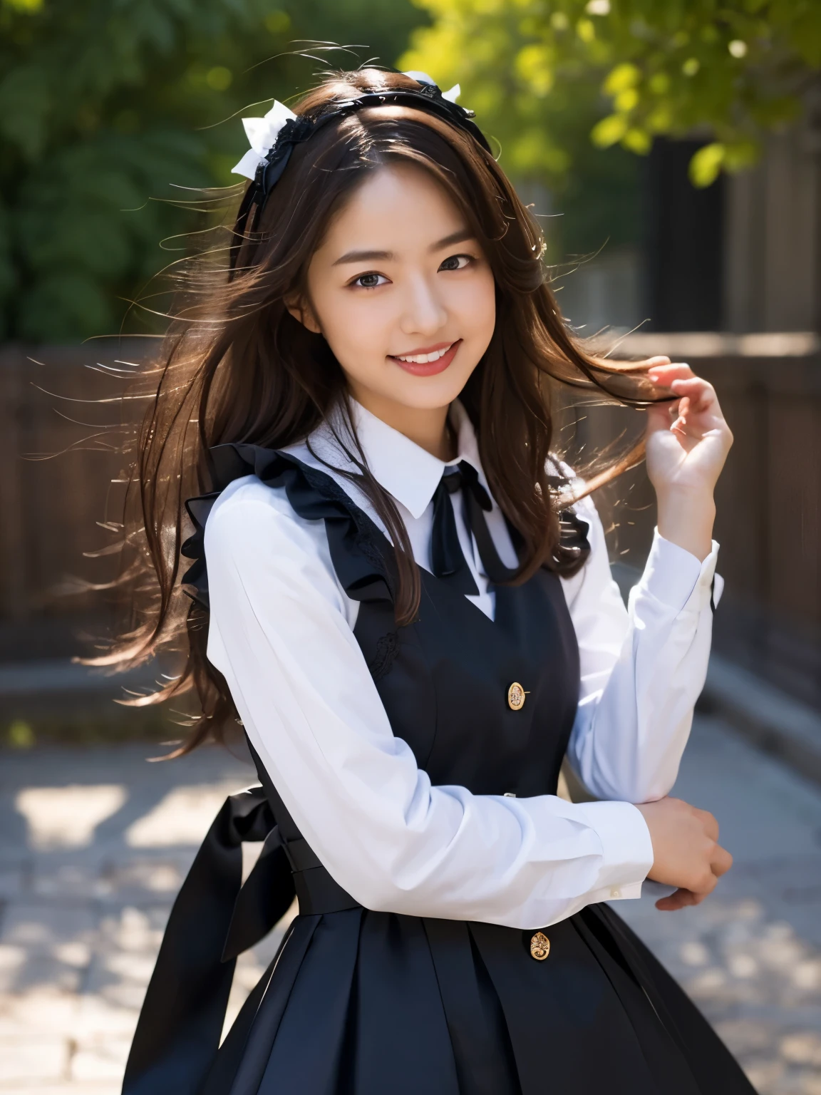 (Realistic, photo-Realistic:1.37), Incredibly absurd, (Very detailed:1.3), 8k, (masterpiece), (highest quality:1.4), (Ultra-high resolution:1.2), (RAW Photos:1.2), Very detailed background, (unity 8k wallpaper), 1 nogizaka girl, very cute, bishojo, s, (Gothic Lolita Fashion), Exquisitely drawn beautiful faces, eyes and skin, Detailed black shiny hair, Elegant frills, Frilled tie, Ribbon tie, Rose Hair Accessories, Delicate lace dress, Soft fabric, Beautiful rose pattern, Smiling for the camera, Cowboy Shot, European castle landscape, Professional Lighting,