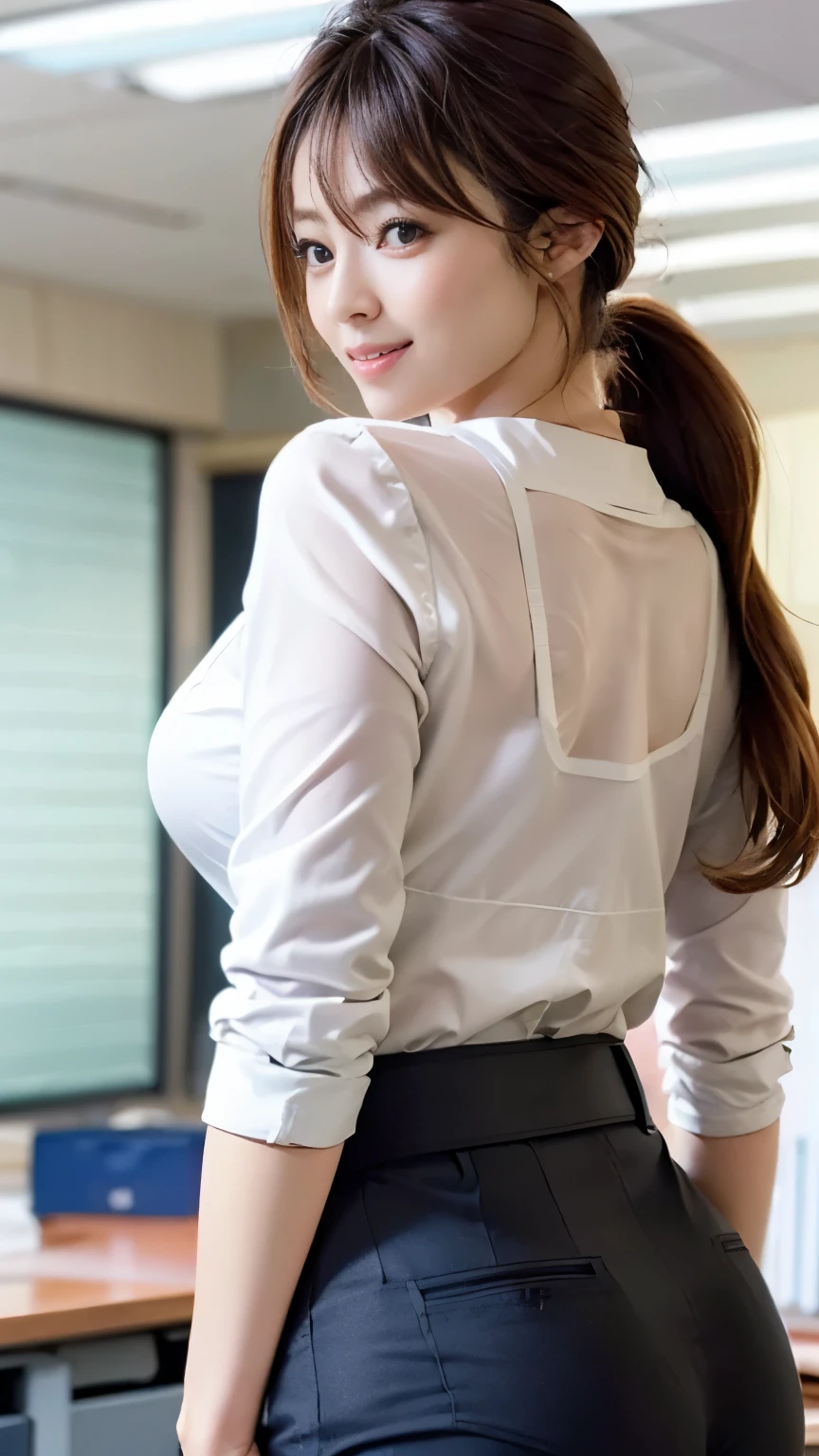 8K, 超A high resolution, Best Quality, masutepiece、超A high resolution、top-quality、 (quite massive chest、Pretty big breasts、Draw from the side:1.6)(White shirt、malay hijab ,Gray fairly tight slacks、Put your shirt inside your slacks:1.35)(Office in a high-rise building:1.2)(Beautiful Japan Woman、Black Straight Long Hair、Smile happily、high-heels:1.2)