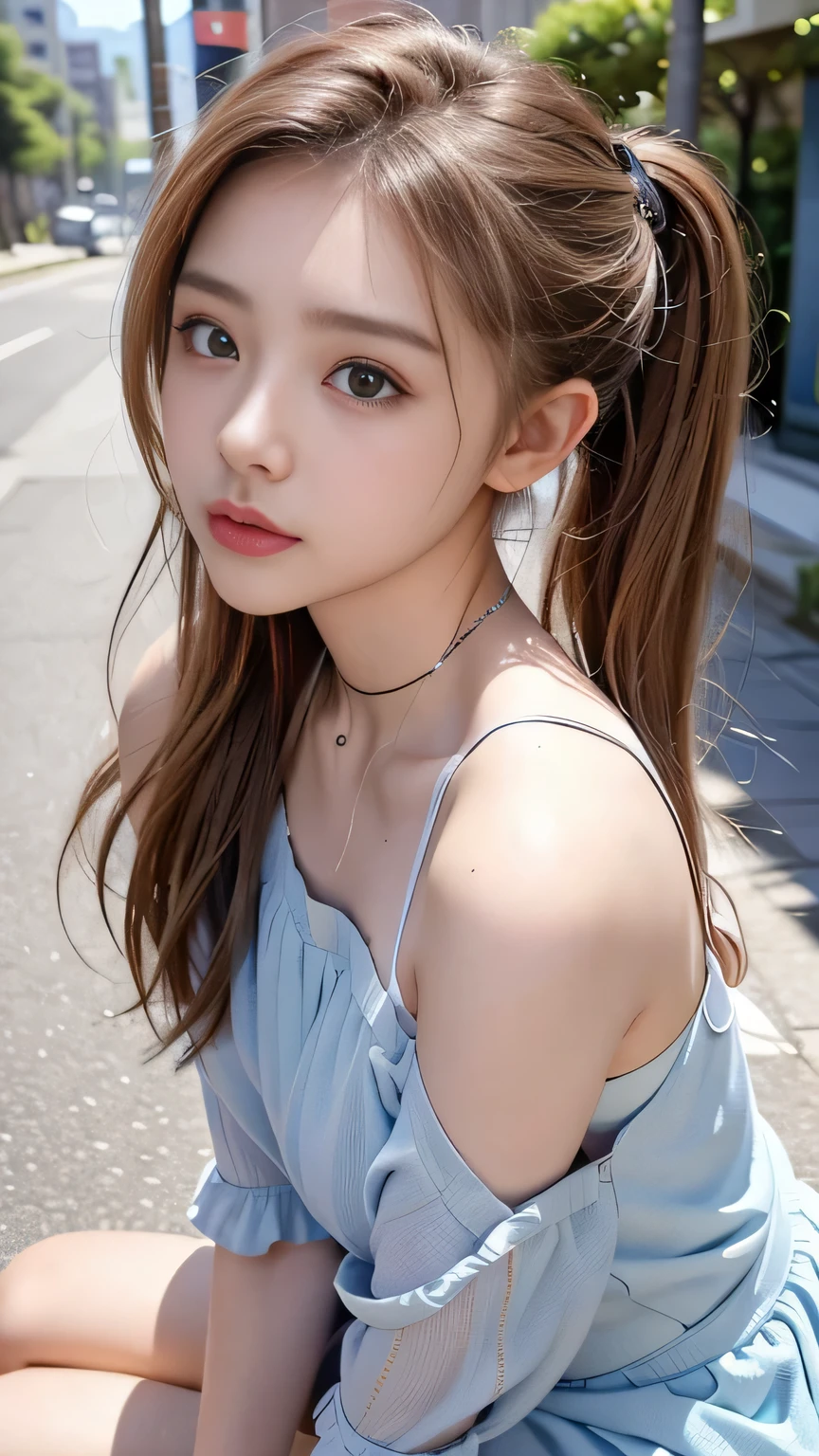 blush,,small breasts,winter,european cityscape,night,long hair ponytail,outdoors,wearing a plaid long-sleeved shirt,wearing jeans,close up of face,((8k, RAW photo, highest quality, pieces fly:1.2), (reality, realistic:1.4), (Highly detailed 8k wallpaper), written boundary depth, cinematic lighting, soft light, Details beauty eye,Shiny and smooth light brown ponytail, asymmetrical bangs, shiny skin, super dense skin ,High resolution, high detail, detailed hairstyle, detailed beauty face, hyper real, perfect limbs, perfect anatomy ,1 Japanese girl,famous japanese idol, perfect female body,shy smile,short eyelashes,double eyelid,look straight here,Hair style is ponytail,
