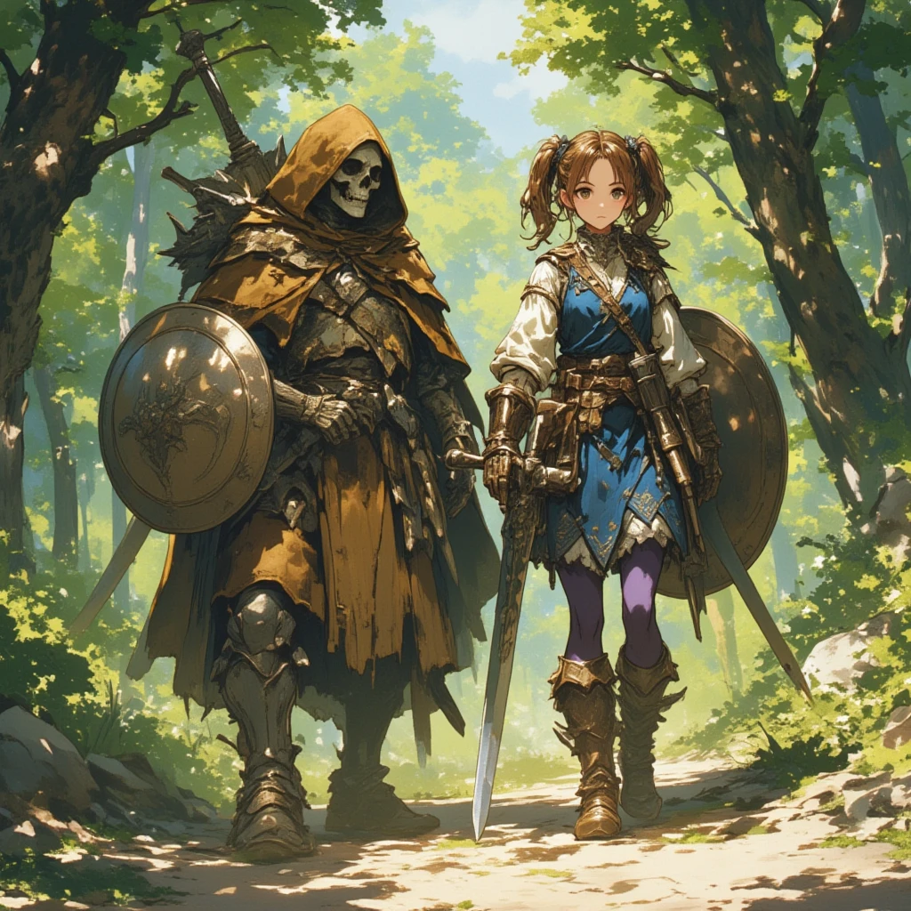 create an illustration in a digital art style, richly detailed, of a girl adventurer walking side by side with a skeleton warrior. She has brown hair in pony tails, brown eyes. She wears a dark blue tabard over a white shirt, purple tights, big boots made of leather, big gloves that are too big for her. she wears a sword at her hip, resting in a scabbard, and carries a shield on her back. The skeleton warrior wears a ragged brown cloak and hood, heavy leather boots and gloves, and chainmail for armor, he carries a large sword on his back. Show her exploring a forest during the day time, the leafy trees provide shade.