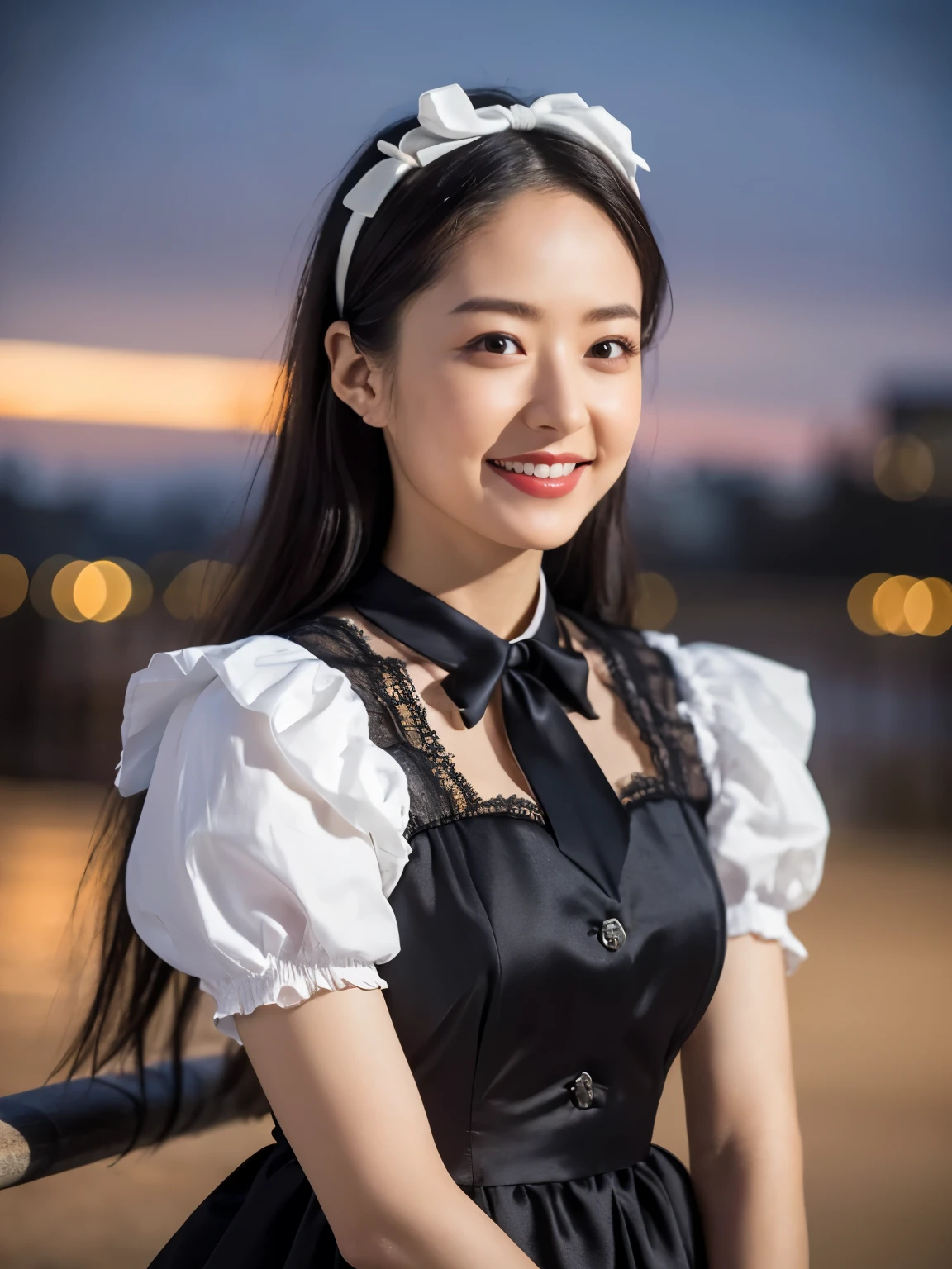 (Realistic, photo-Realistic:1.37), Incredibly absurd, (Very detailed:1.3), 8k, (masterpiece), (highest quality:1.4), (Ultra-high resolution:1.2), (RAW Photos:1.2), Very detailed background, (unity 8k wallpaper), 1 nogizaka girl, very cute, bishojo, s, (Gothic ta Fashion), Exquisitely drawn beautiful faces, eyes and skin, Detailed black shiny hair, Elegant frills, Frilled tie, Ribbon tie, Rose Hair Accessories, Delicate lace dress, Soft fabric, Beautiful rose pattern, Smiling for the camera, Cowboy Shot, European castle landscape, Professional Lighting,