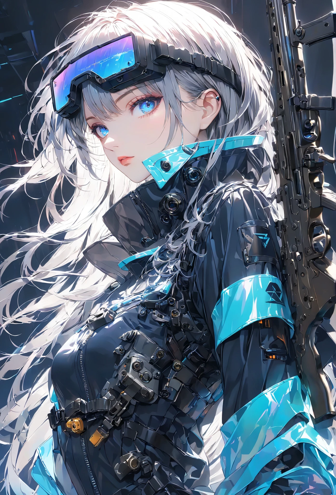 Masterpiece, High Quality, High Definition , High Resolution, 16k, Makoto Shinkai Illustration, Ultra-Detailed, Hyper-Realistic, Digital Painting, Neon Color, Cyberpunk, Science Fiction, One Girl, Small Breasts, Beautiful Face, Nice Legs, Long Eyelashes, Fair Skin, Blue Eyes, Slit Eye Glowing blue eyes, Short gray hair, Mechanic suit, Body armor, Mechanical hair piece, Head mounted display, Antique firearm, Lever action, Assault rifle, M4 carbine, Holding gun, anatomically accurate handle, muzzle pointing toward us (muzzle: 1.1) Cinematic Angle