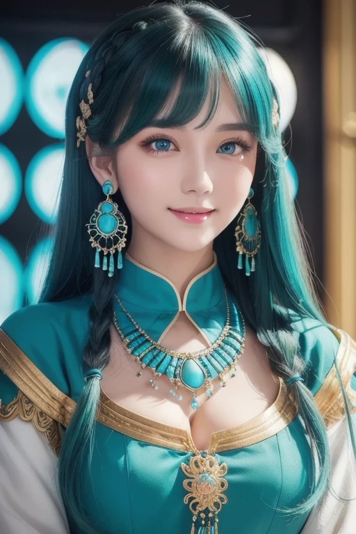 a detailed portrait of Minea the fortune teller from Dragon Quest IV, 1 japanese woman, beautiful detailed eyes, beautiful detailed lips, extremely detailed face and features, long eyelashes, smile,intricate cosplay, alchemist costume, fantasy, JRPG, digital painting, cinematic lighting, dramatic pose, warm color palette, masterpiece, 8K, photorealistic, highly detailed, concept art style