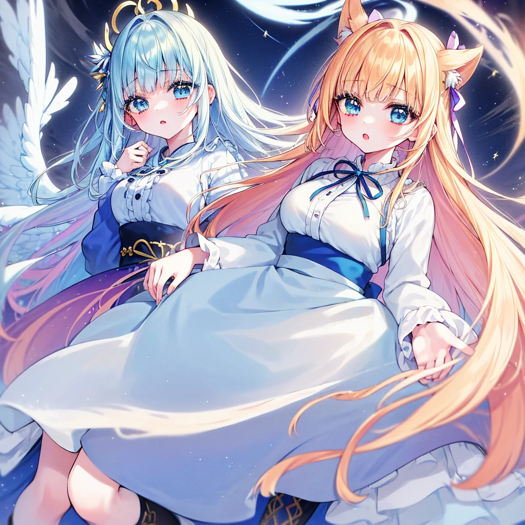 adult woman, long yellow hair, Light blue eyes, Cat ears, white gown, Bigchest, ample breasts, languorous expression, Smile Masterpiece, Angel wings、hightquality