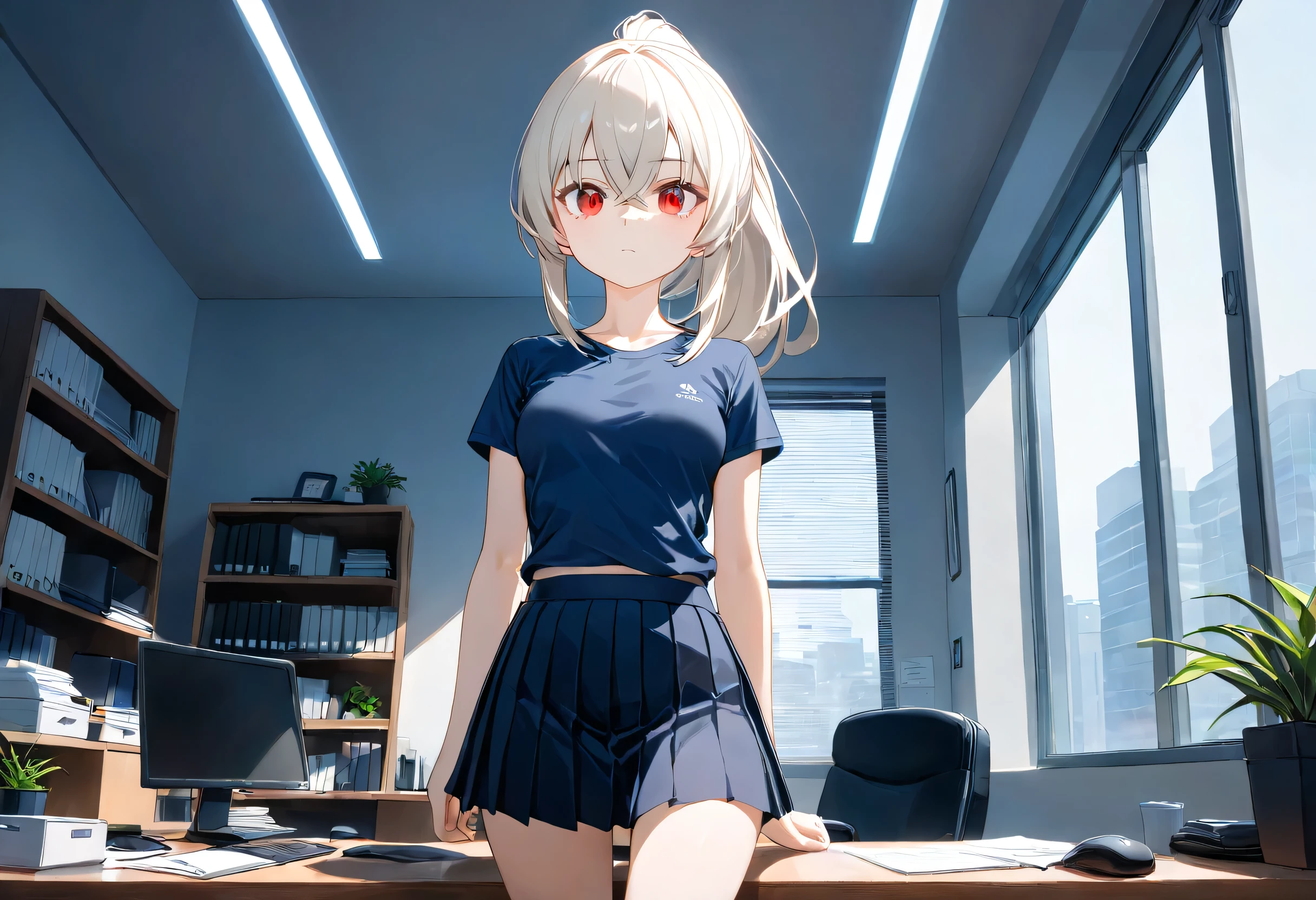 1girl,solo,office,indoors, navy blue t-shirt, dark blue skirt, pleated skirt, medium breasts, red eyes, ponytail, expressionless, :|, platinum blonde hair,crossed bangs, petite, slender, toned, (ayanami_azur_lane: 0.6)