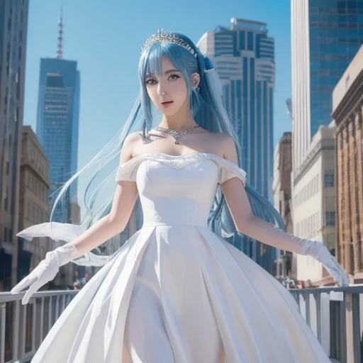 1girl, masterpiece, solo, anime, absurdres, detailed face, perfect eyes, azura, upper body, full body, white dress, jewelry, white gloves, cityscape, holding, staff, singing, blue hair, flowing, ethereal, soft lighting, vibrant colors, magical aura, elegant pose.