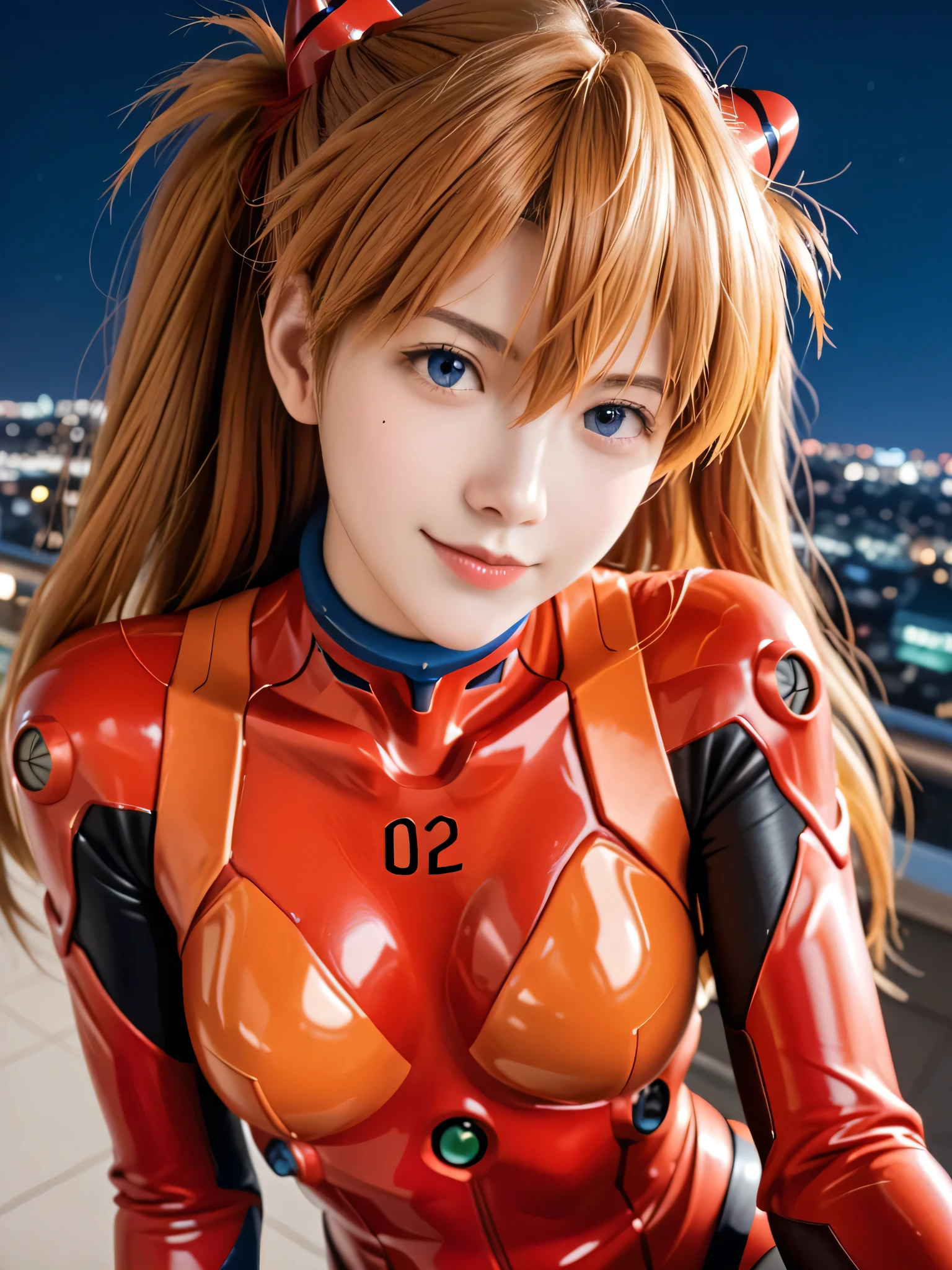 score_9, score_8_up, score_7_up, (masterpiece, best quality), 1girl, asuka langley soryu, (souryuu asuka langley:1.5), blue eyes, hair between eyes, headgear, interface headset, orange hair, two side up, bodysuit, long sleeves, plugsuit, red bodysuit, depth of field, perspective, sharp focus, Detailed face, big breasts, large breasts, light smile, ((solo)), busty, ((1girl)), beautiful breasts, beautiful ass, dynamic angle, ((((cute face)))), ((perfect fingers)), (((night))), (((seductive pose))), (((sexy pose))), (((realistic:1.4))),