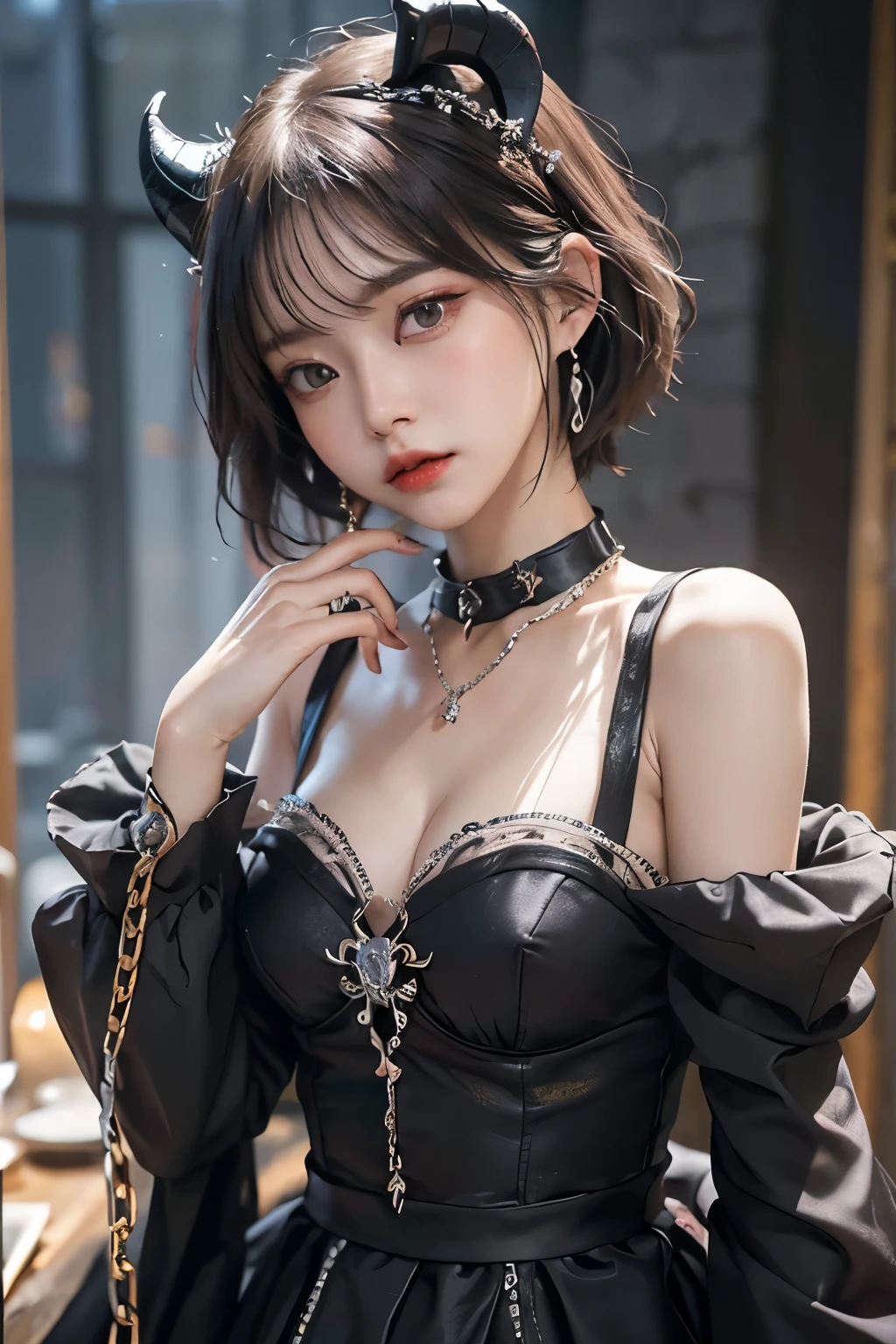 ( best quality :1.3)、( The Greatest Masterpiece:1.3)、 Highest Image Quality、RAW、( perfect body beauty :1.2)、(Night Scene:1.3)、( black dress :1.3)、( luxurious room:1.2)、( chain on hand:1.2)、 has very detailed face and skin textures 、 detailed eyes、double eyelids、 short hair、 boyish、 unisex、 big eyes、 necklace、(( one woman))、 bracelet、 earrings、 choker 、ring、chain accessories、chain、Thick chain collar、(restrain with chains)、((fall to the dark side))、((Evil Princess ))、(( cleavage in years))、 off shoulder、(palace)、(( fantasy castle))、((Devil's Bride))、((Demon Princess))、(Blushing:1.5)、 sexual arousal、( looking at camera )、(chain choker)、(Little devil horns)、((devilize))、(assimilation by the devil)、sexy、Sex Appeal、Eros、Sensual、Alluring