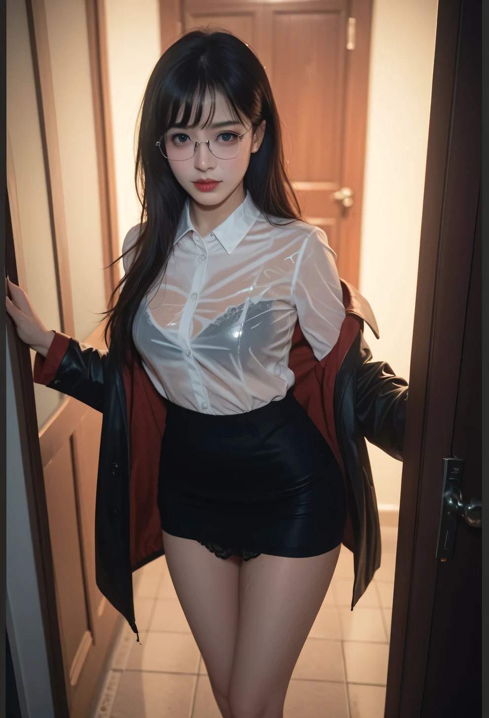 Beautiful and lovely woman, beautiful long black hair, wearing glasses, well-proportioned figure, sexy, her mood is gloomy with slight tears, she is standing outside the entrance of the apartment, view through the door, half-body shot, the atmosphere outside is rainy, she is wearing a thin white shirt, with a coat over her, the shirt is wet and can see through the lace underwear, a tight black mini skirt, at night, dark atmosphere, erotic, masterpiece, professional photos, high-detail, highrealistic, realism, 8kphoto, textured skin, cinematic lighting,Best beautiful face, embarrassed, chromatic light, nsfw, A slender and proportionate face,