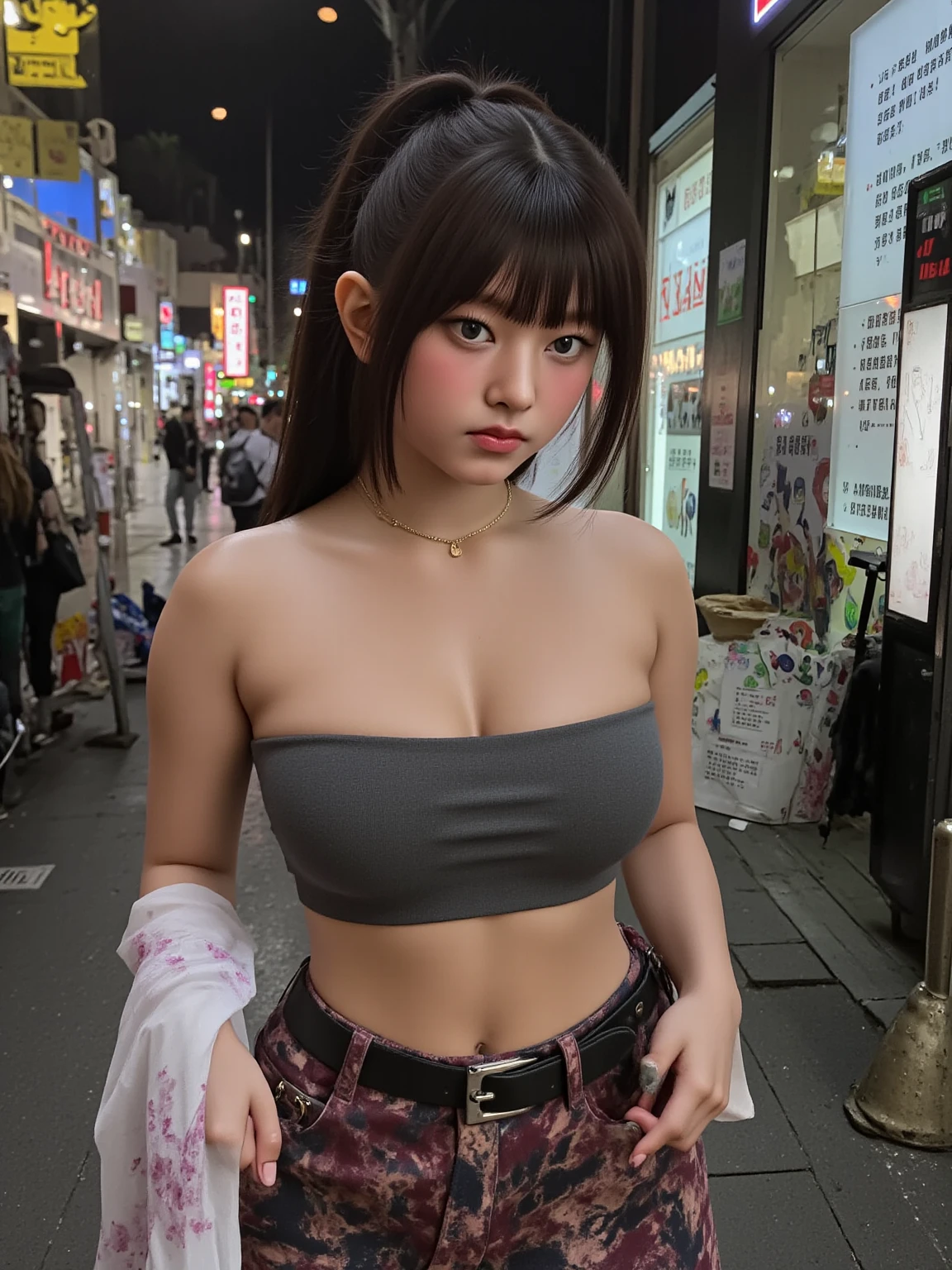 (((Beautiful girl small breasts))),((Japanese beautiful girl))), Portrait 1 Young Woman ,sf, smile、Cute face,Long eyelashes,Complex background punk, , Futuristic, Post-apocalyptic, dark, 薄dark光, ((masterpiece, Highest quality, )),(((Nipples exposed through the gaps in her clothes))),,(((Small nipples))),(((Small areola))),(((Nipple details))),The neon-lit streets of a cyberpunk metropolis, Ignoring the boundaries between reality and technology、Sweaty、(((Stand upright)))