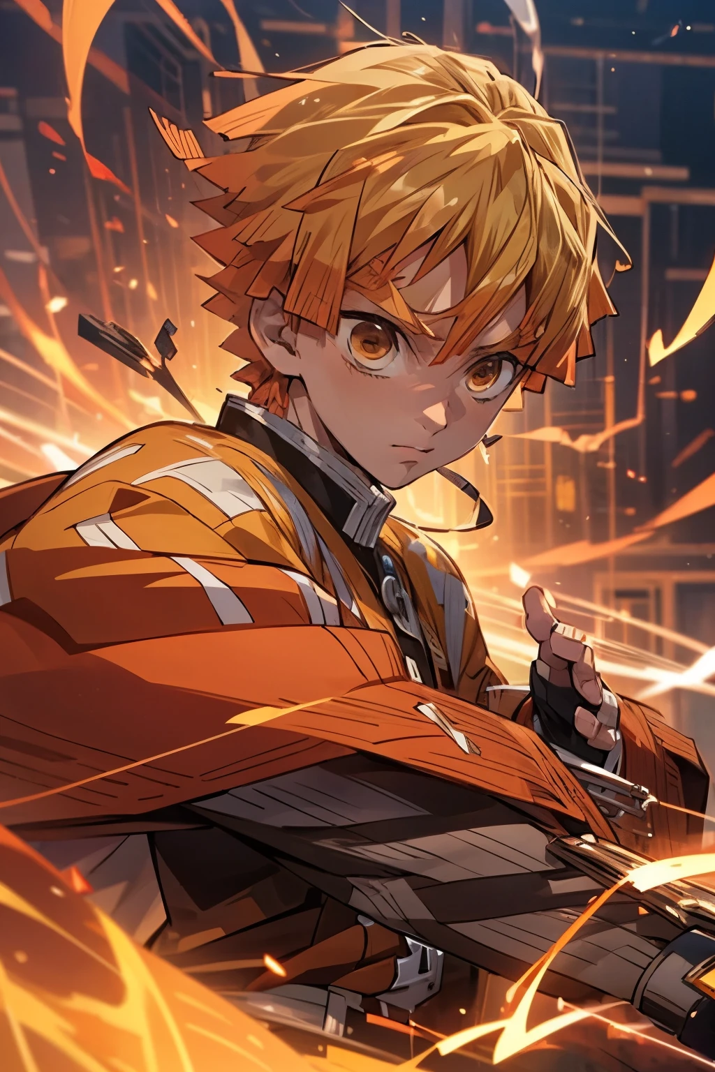anime, Zenith agatsuma, man holding a sword, lightning um ihn herum, key anime art, demon slayer , handsome guy, detailed key anime art, key anime visuals, Otaku from Ganga, blazing infero, official art, badass anime 8 k, detailed anime character art, orange hair, orange eyes, lightings around, lightning, Light, Attack, dramatic, an epic, fighting stance, portrait, Close Up