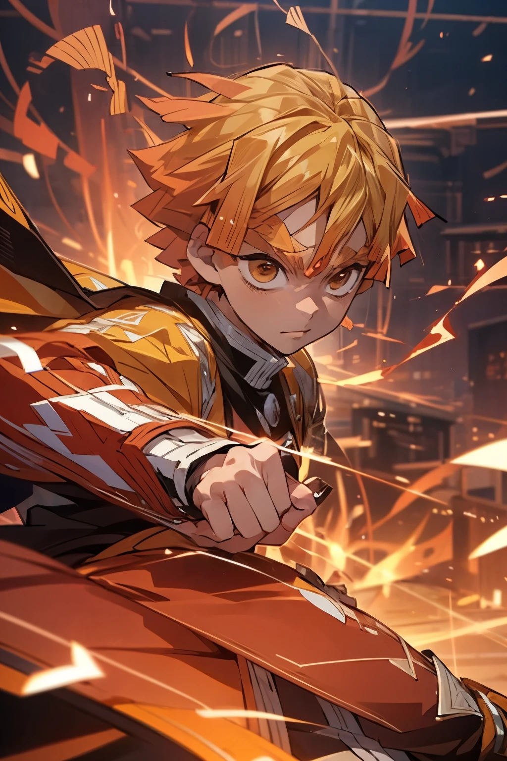 anime, Zenith agatsuma, man holding a sword, lightning um ihn herum, key anime art, demon slayer , handsome guy, detailed key anime art, key anime visuals, Otaku from Ganga, blazing infero, official art, badass anime 8 k, detailed anime character art, orange hair, orange eyes, lightings around, lightning, Light, Attack, dramatic, an epic, fighting stance, portrait, Close Up