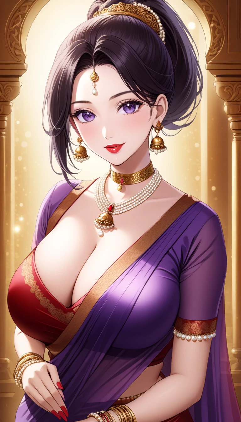 (1woman, mature, hair braid bun , full sleeve blouse,light purple bold saree, big long jhumka earrings, detailed alluring eyes, smooth detailed lips, beautiful face, smiling, red lipstick, navel, bangles, saggy breasts, photorealistic, 8k, hyperdetailed, vibrant colors, studio lighting, masterpiece, cinematic composition, dramatic lighting, intricate details, highly realistic skin textures, volumetric lighting, beautiful intricate jewelry, warm color palette, natural lighting, elegant pose, beautiful detailed expression, hyper realistic rendering, seamless blending, flawless skin, glowing skin, delicate features, breathtaking realism, striking composition),tall , necklace, bangles ,navel,full body view