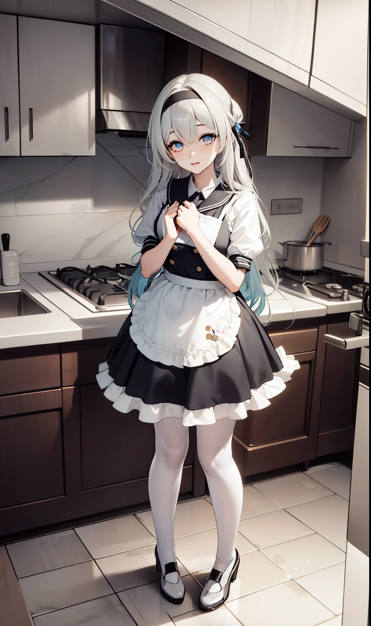 goddess,obsessed, Have Fun ,in love,( Transparent uniform, Wearing a long skirt ),Silver Hair, transparent clothes ,Exquisite hair accessories, transparent lace ,妈妈的装扮,Sky blue pattern,night,Dress nicely,Lonely,night,Long socks , a pretty face ,garter,kitchen, transparent apron,inflatable toy