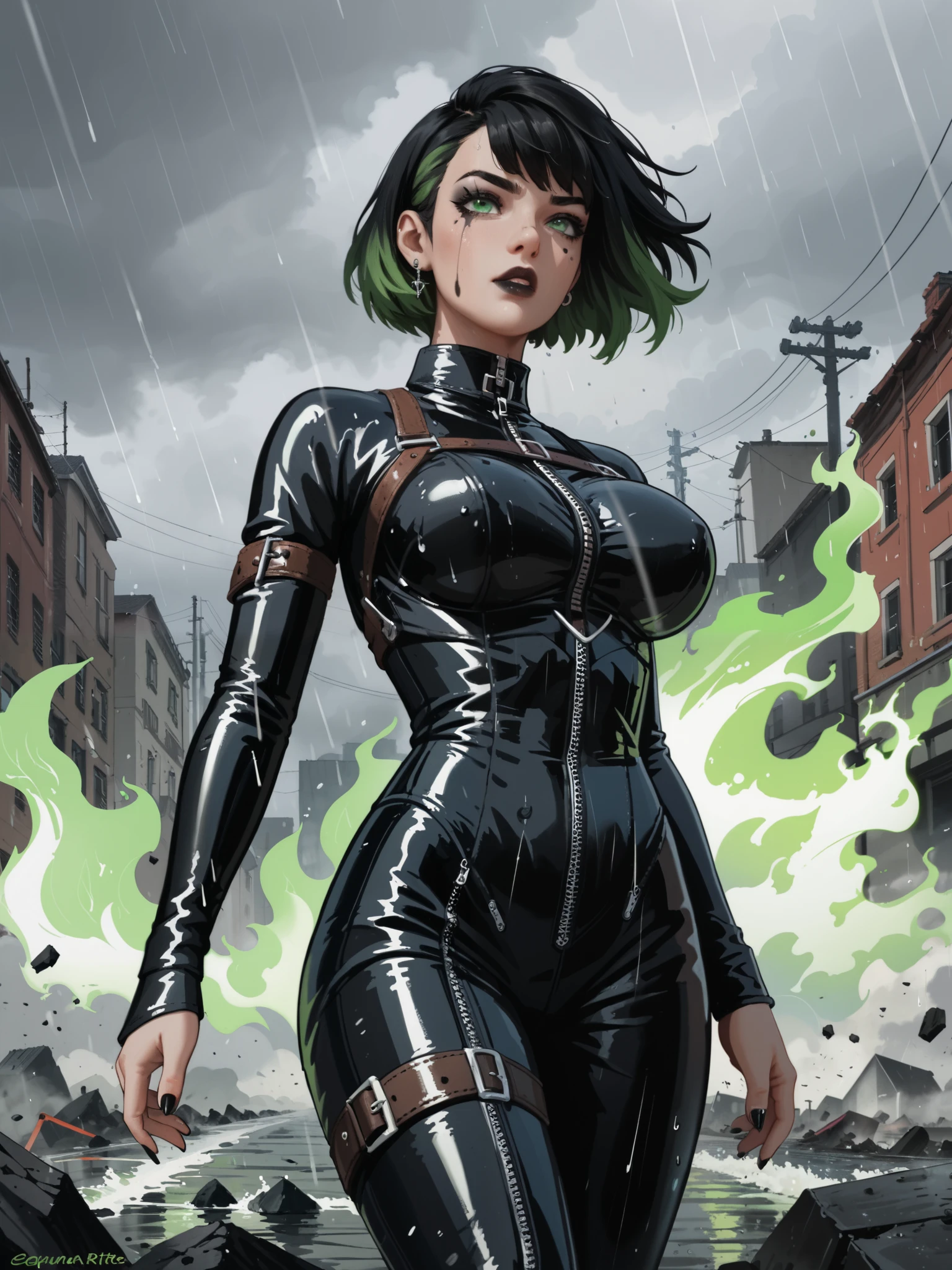 masterpiece , best quality, extreme Detail, anatomically correct , young woman, emo, goth girl, black makeup , black short wild hair, Light green eyes , big breasts , (H80 ), green fire, fog, Sexy leather fantasy suit , tsunami, tidal wave, tornado, Storm, rain, Schauer, Give, Grüne Blitz, Earthquake, destruction,