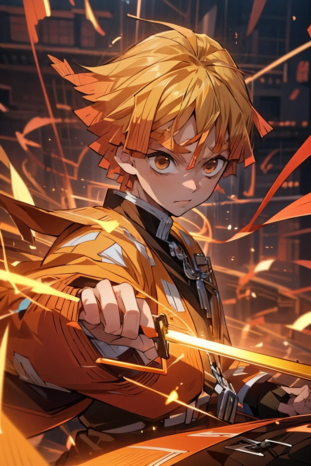 anime, Zenith agatsuma, man holding a sword, lightning um ihn herum, key anime art, demon slayer , handsome guy, detailed key anime art, key anime visuals, Otaku from Ganga, blazing infero, official art, badass anime 8 k, detailed anime character art, orange hair, orange eyes, lightings around, lightning, Light, Attack, dramatic, an epic, fighting stance, portrait, Close Up