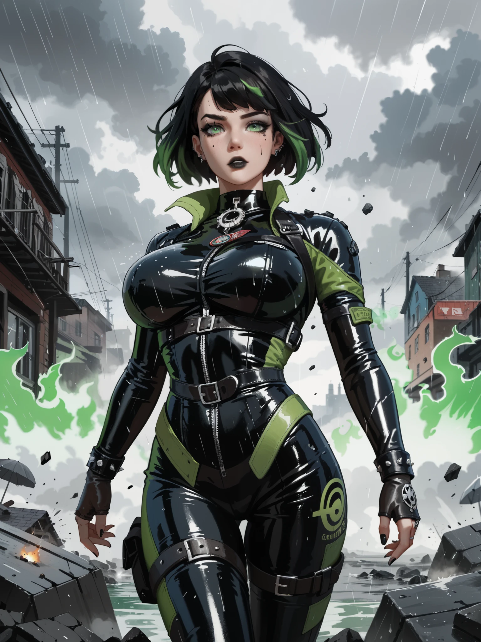 masterpiece , best quality, extreme Detail, anatomically correct , young woman, emo, goth girl, black makeup , black short wild hair, Light green eyes , big breasts , (H80 ), green fire, fog, Sexy leather fantasy suit , tsunami, tidal wave, tornado, Storm, rain, Schauer, Give, Grüne Blitz, Earthquake, destruction,