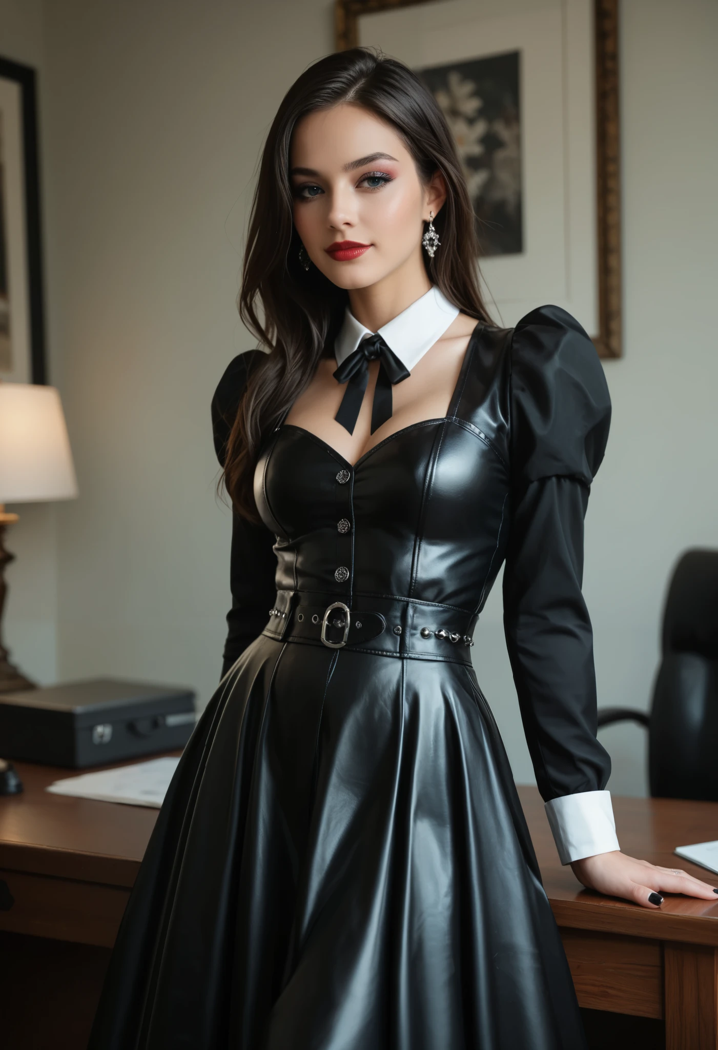 exotic beauty, long, silky white straight hair, wearing black leather Gothic maid dress, professional and perfect composition, extremely delicate depiction, extremely clear image, artistic photography, hyper realistic, ultra detailed, absolutely resolution, masterpiece