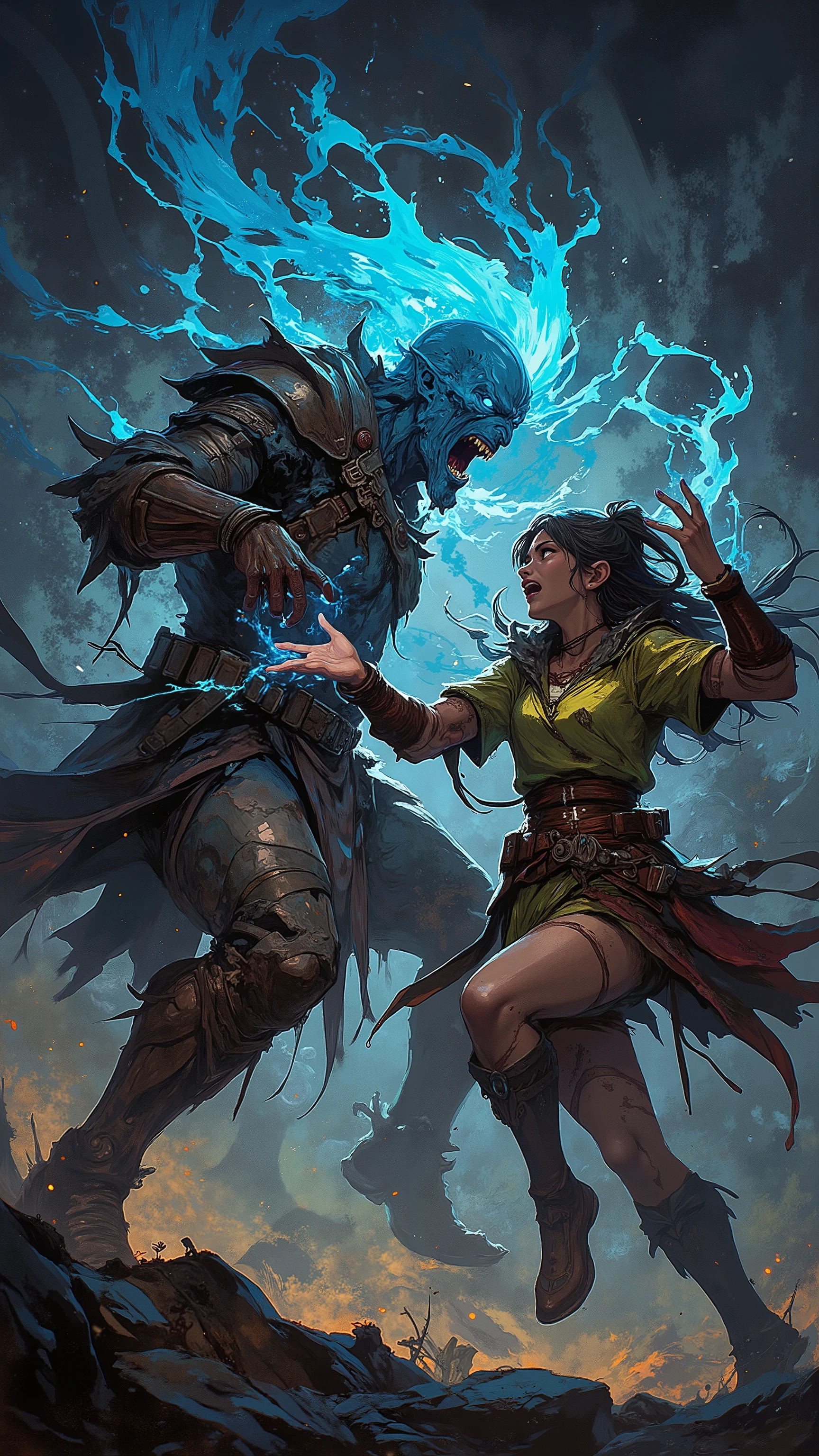 Two fighters confronting each other, a female mage casting spells against an enraged warrior, a tall warrior confronting a mage, fantastic combat, magic effects around the characters, dirty and torn clothes, slightly bloody clothes, best quality , better light, better color, dynamic posture, dynamic point of view, combat movement, blurred background.
