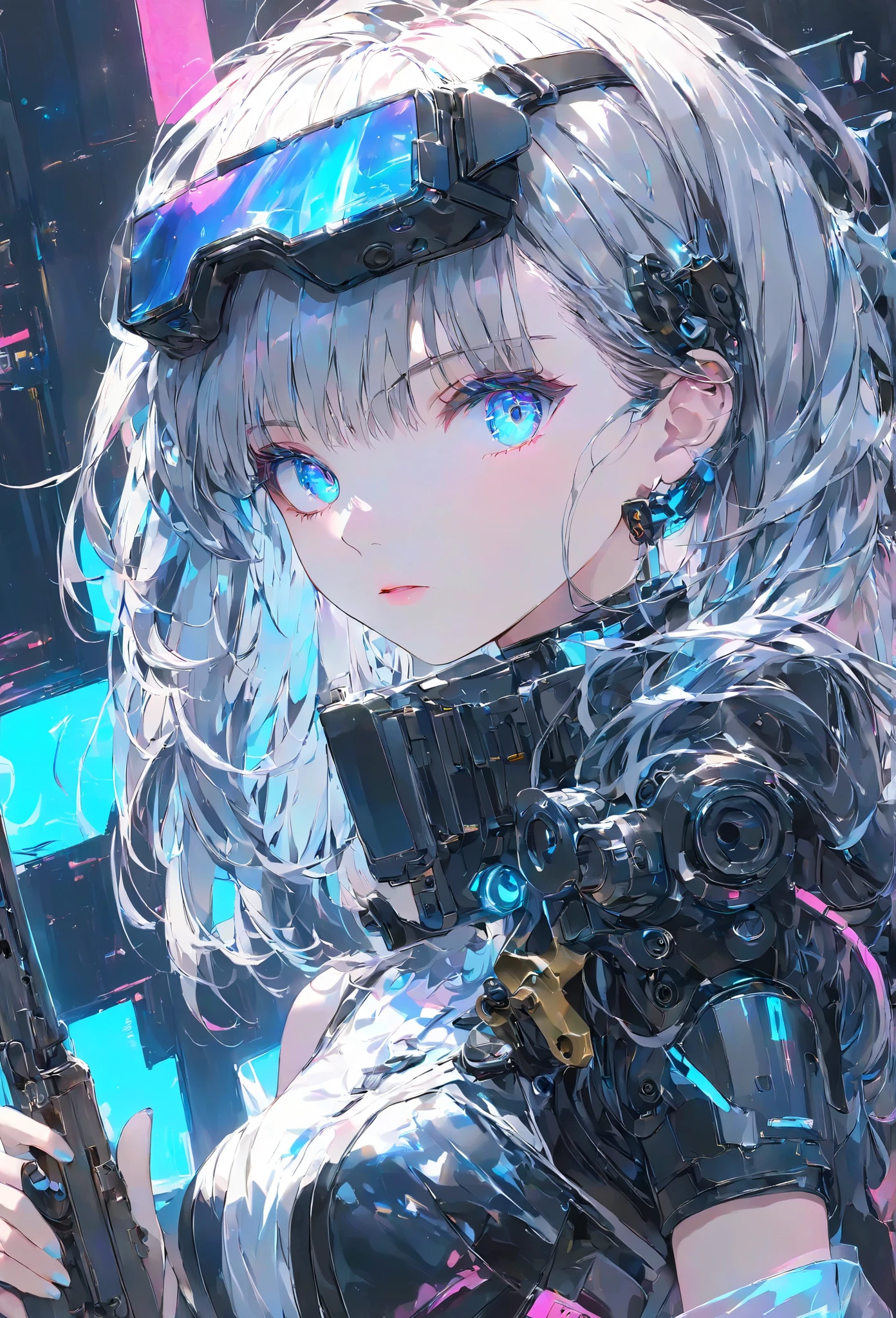 Masterpiece, High Quality, High Definition , High Resolution, High Sensitivity, Depth, 16k, Makoto Shinkai Illustration, Ultra Fine, Hyper-reality, Digital Painting, Neon Color, Cyberpunk, Science Fiction, One Girl, Small Breasts, Beautiful Face, Nice Legs, Long Eyelashes, Fair Skin, Blue Eyes slit eyes, glowing blue eyes, short gray hair, mechanic suit, body armor, mechanical hair piece, head mounted display, antique firearm, lever action, assault rifle, M4 carbine, gun held in front of her, anatomically correct handle, muzzle pointing toward her (muzzle: 1.1), cinematic angle.