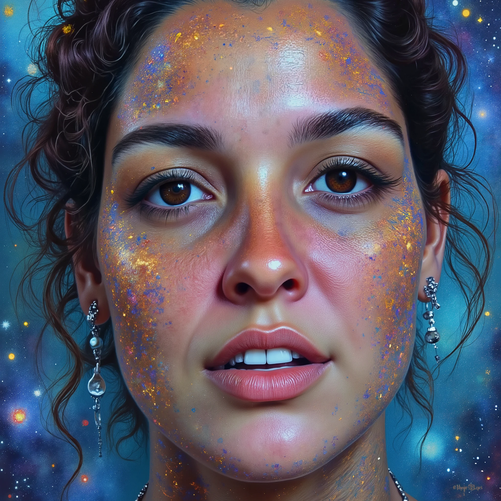( psychedelic art,resin art :1.25), A girl,tiro de cowboy,Alone, glam metal resin style ,(abstracted:1.2) body made of ( Airbrush drawing :1.25), geometry shader art , seamless geometric ink drawing , fine lines and dots representing ( the Galactic System and the Solar System), shiny alcoholic resin ink , steam drawing ,